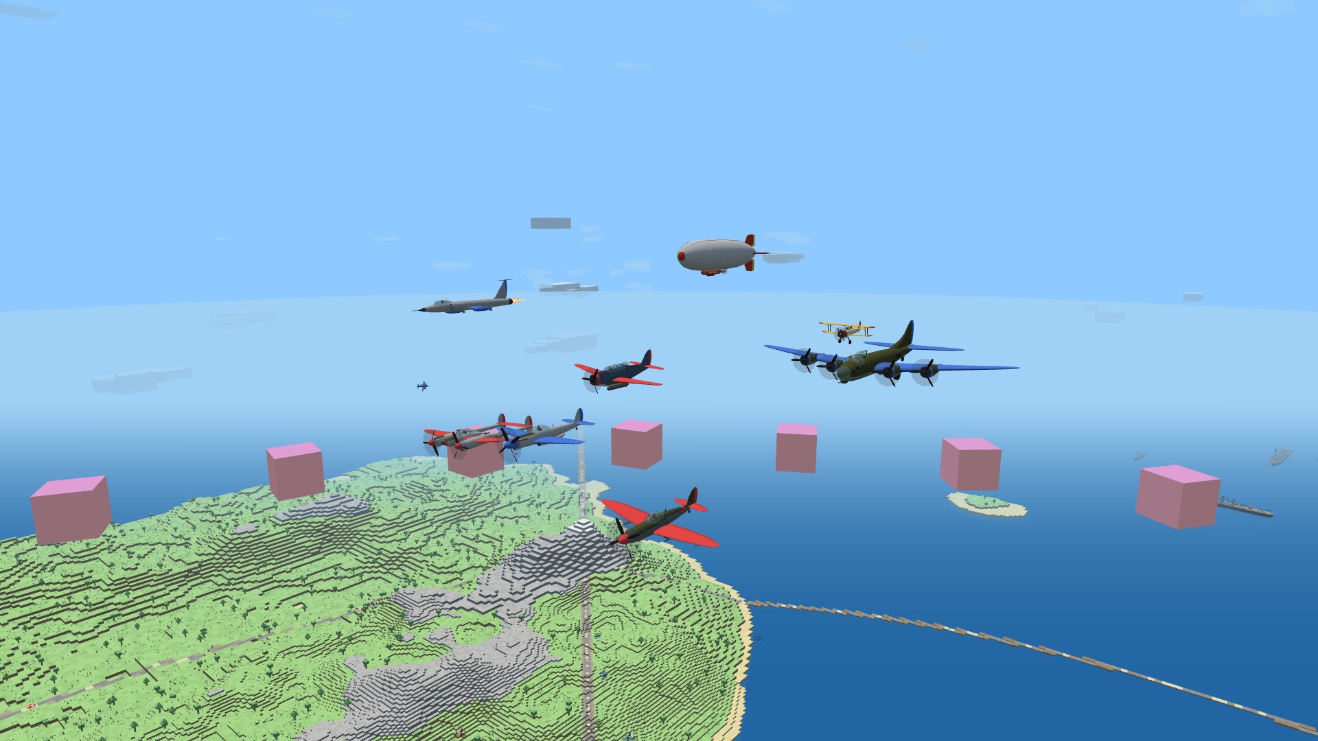 The whole roster flying together over the island: a Spitfire, a P-51D Mustang, a twin-boom P-38, a TBF Avenger, an F-104, a four-engined B-17, the Skywriter biplane and the Marquee blimp, Crimson and Cobalt on their wings