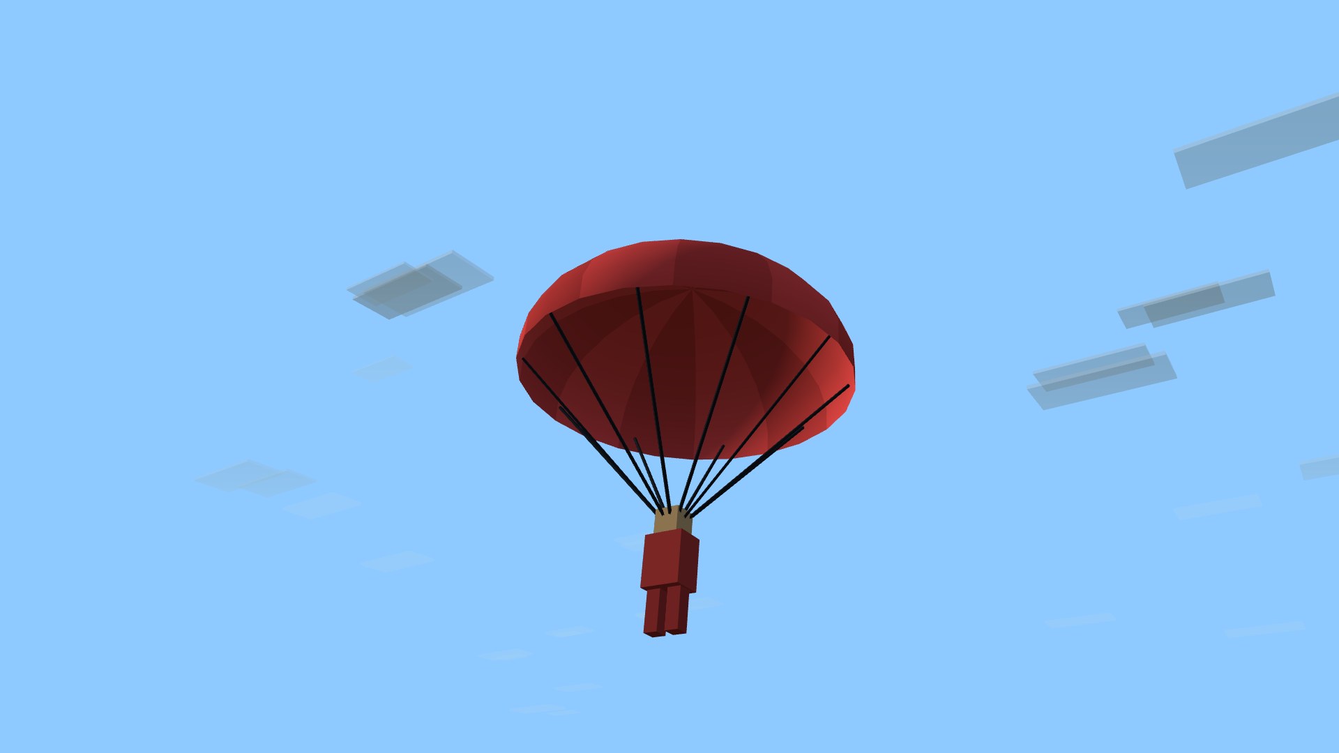 A blocky pilot in a crimson flight suit hanging in the harness of a team-red voxel parachute, four shroud lines rising to the canopy, drifting against a blue sky