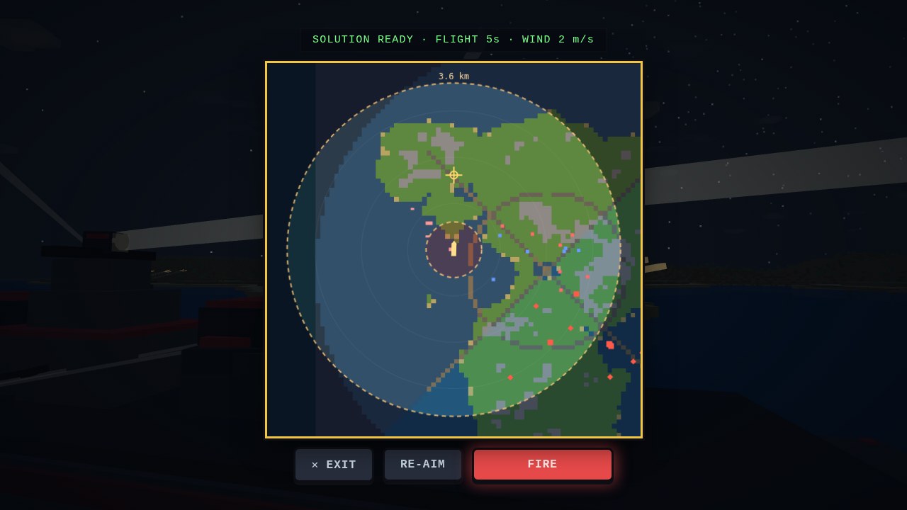 The battleship gunner's plotting table: a full-screen fire-control chart with the firing envelope, range rings, enemy contacts and a solved target ready to fire