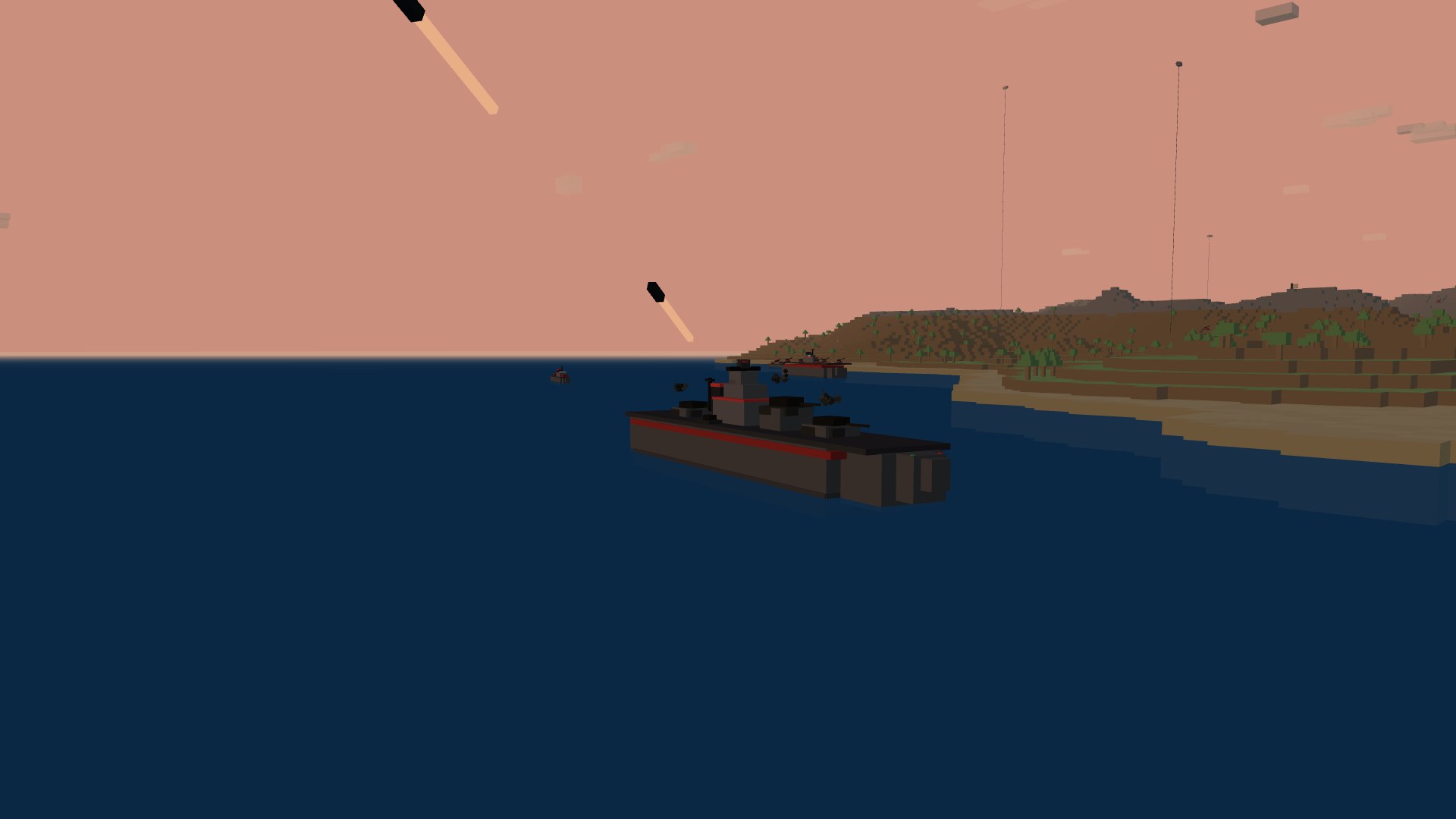 The battleship's main battery firing a salvo at dusk, shells arcing away