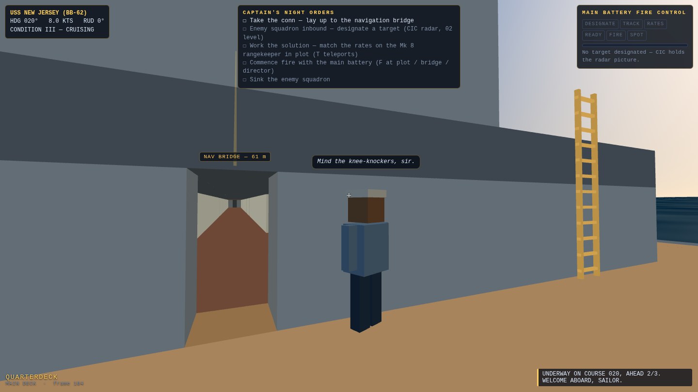 A voxel sailor by the deckhouse door with a floating text chip reading 'Mind the knee-knockers, sir.'