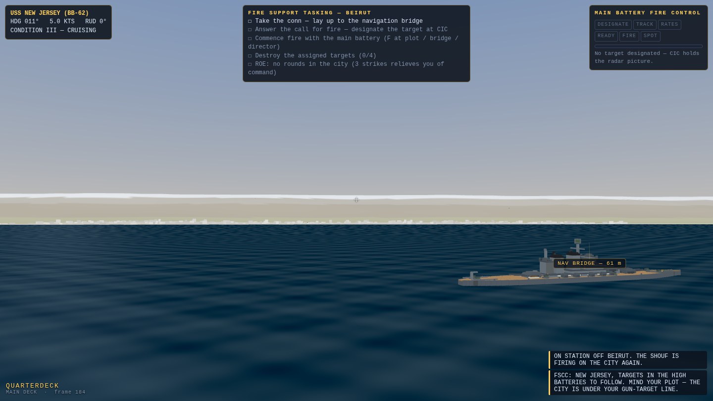 The New Jersey on station off Beirut, the city shelf and the hazy Shouf mountains rising beyond her bow