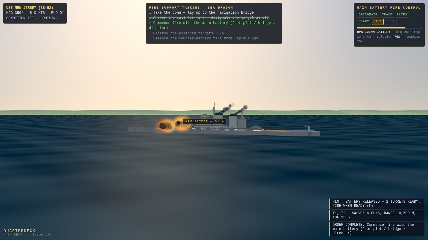 The voxel New Jersey firing a main battery salvo toward the Vietnamese coast, muzzle smoke over the forward turrets, the fire-support tasking checklist on screen