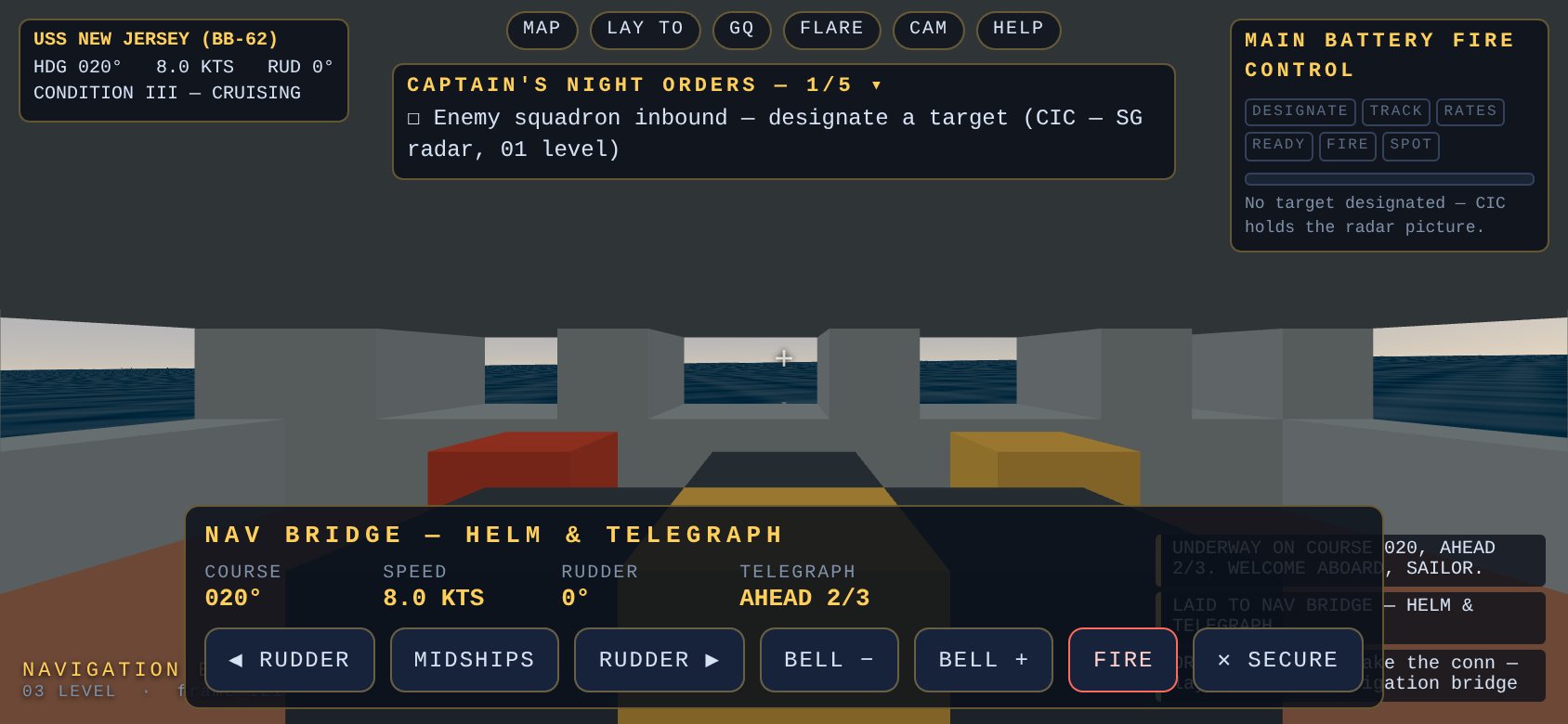 The helm console on a phone: course, speed, rudder and telegraph dials with a row of touch buttons — rudder left and right, midships, bells, fire, secure
