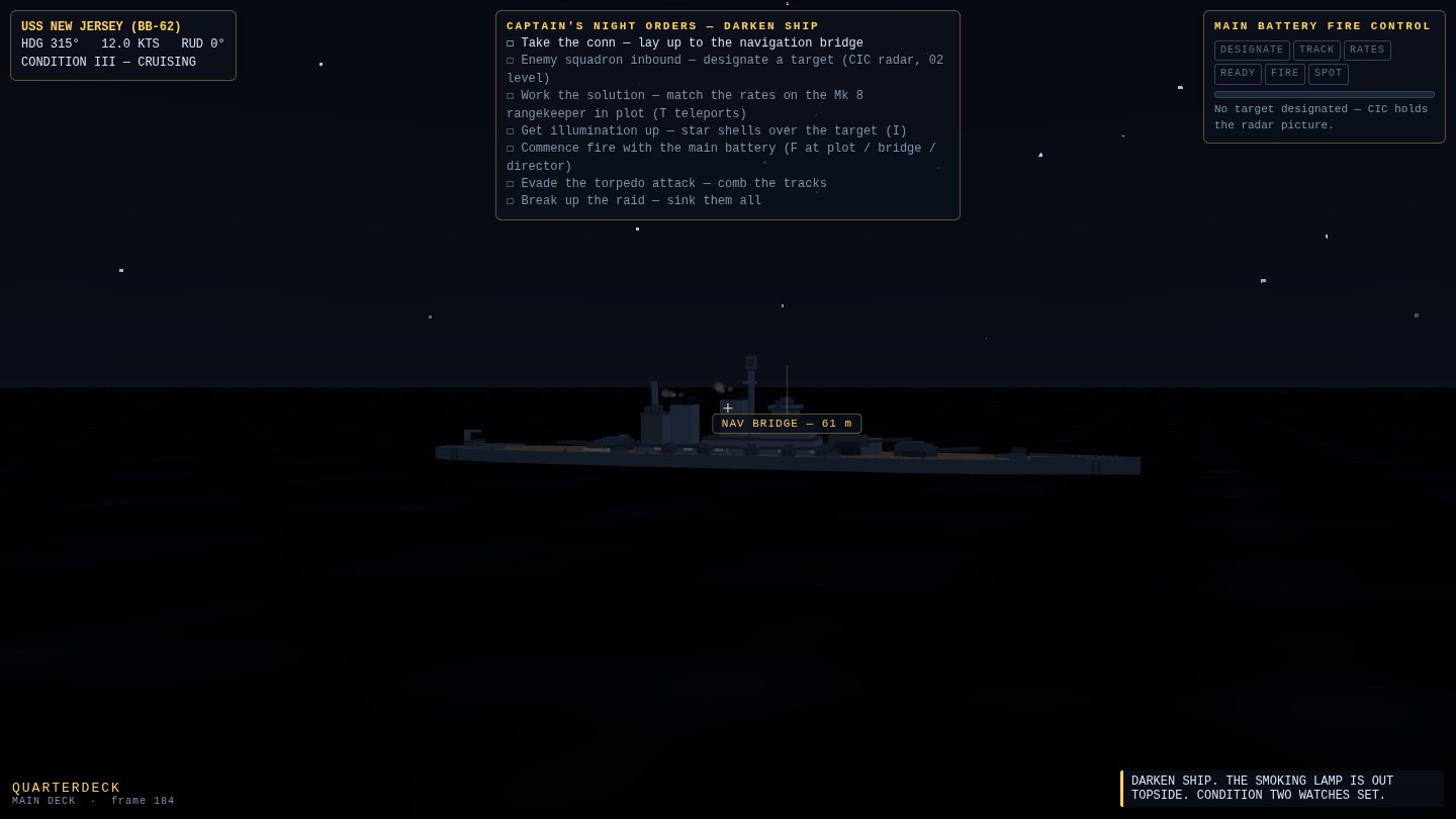 The battleship darkened at night, a black silhouette on black water under a starfield