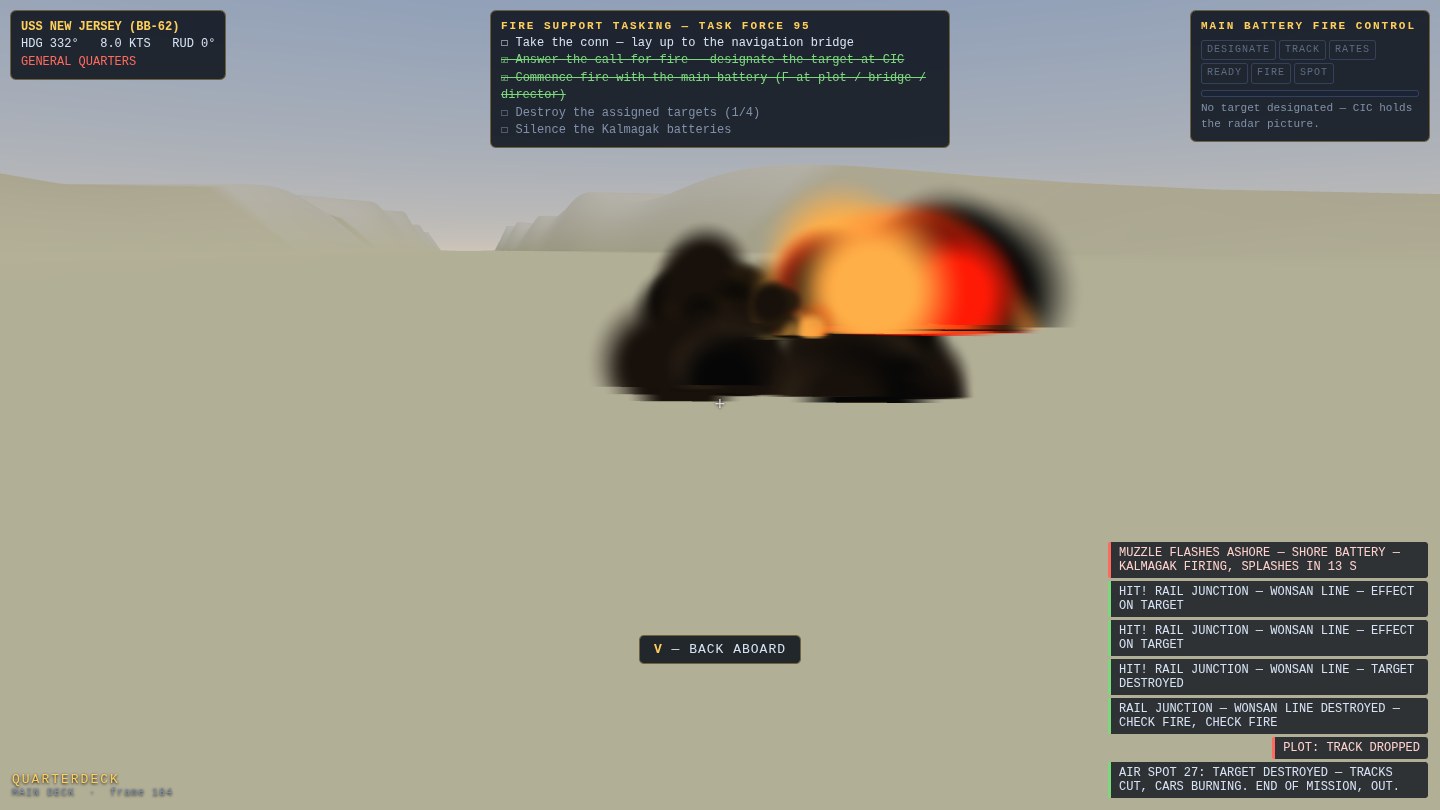 A 16-inch burst erupting on the Wonsan rail junction seen close up from the salvo camera, the message log reading TARGET DESTROYED