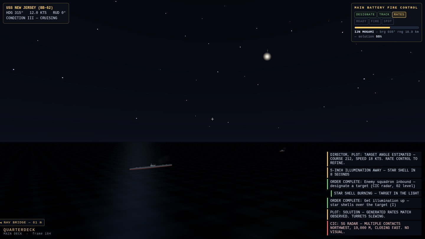 A star shell flare burning below the starfield, its smoke wisp above, and an enemy cruiser silhouette lit on the black water