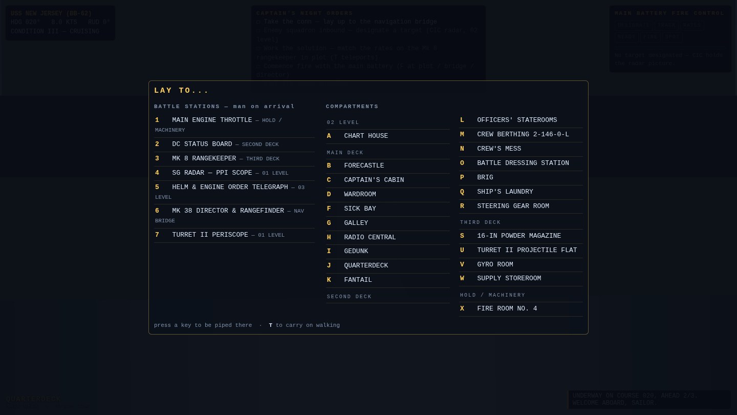 The teleport menu: battle stations by number on the left, compartments grouped by deck with letter keys on the right