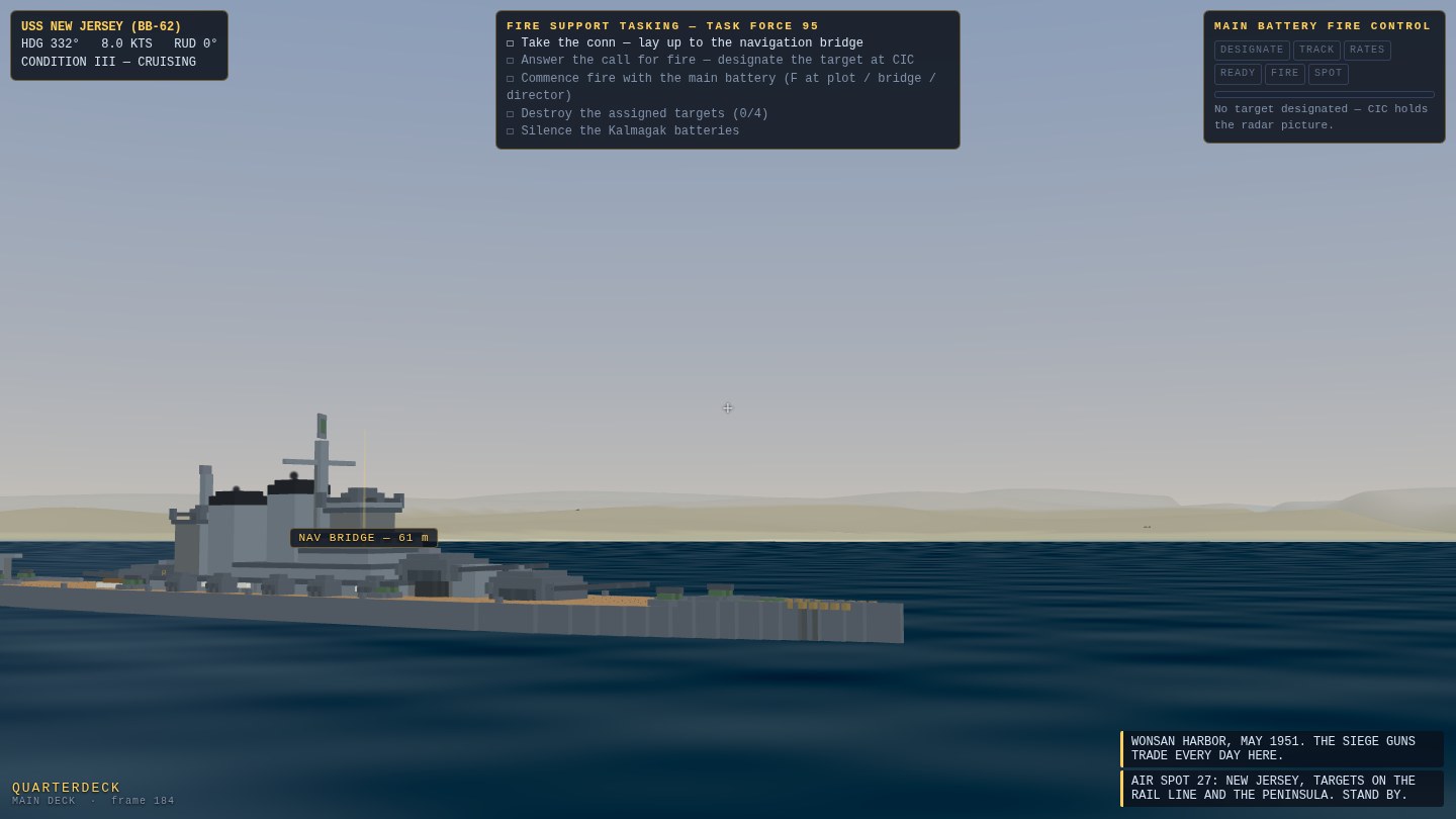 The voxel New Jersey off Wonsan harbor with the bare brown Kalma ridges rising beyond