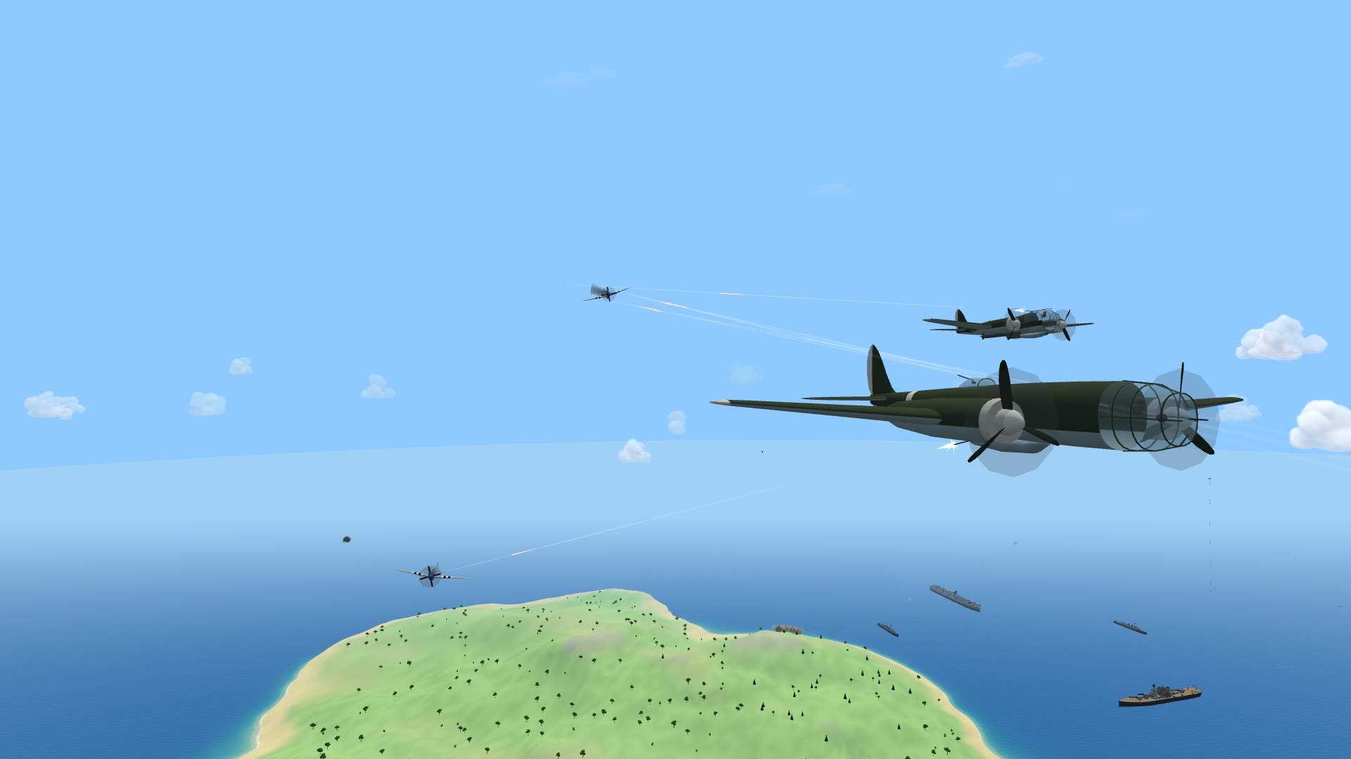 A cobalt He 111 and Ju 88 flying together, tracers streaming aft from the Heinkel's dorsal hood and belly gondola and from the Ju 88's rear canopy toward two crimson Mustangs closing from behind, one of them trailing smoke