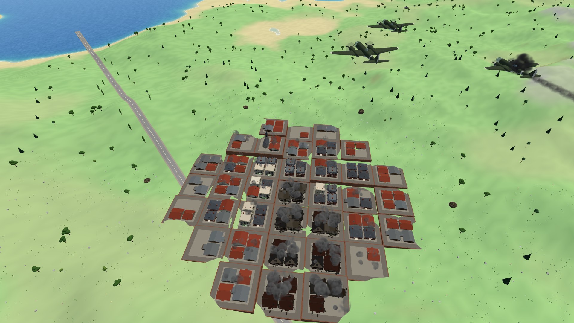 A vic of three He 111 bombers, one trailing smoke, crossing a blocky red-roofed town of terraced city blocks on a green hillside, a swath of it already rubble with grey smoke rising