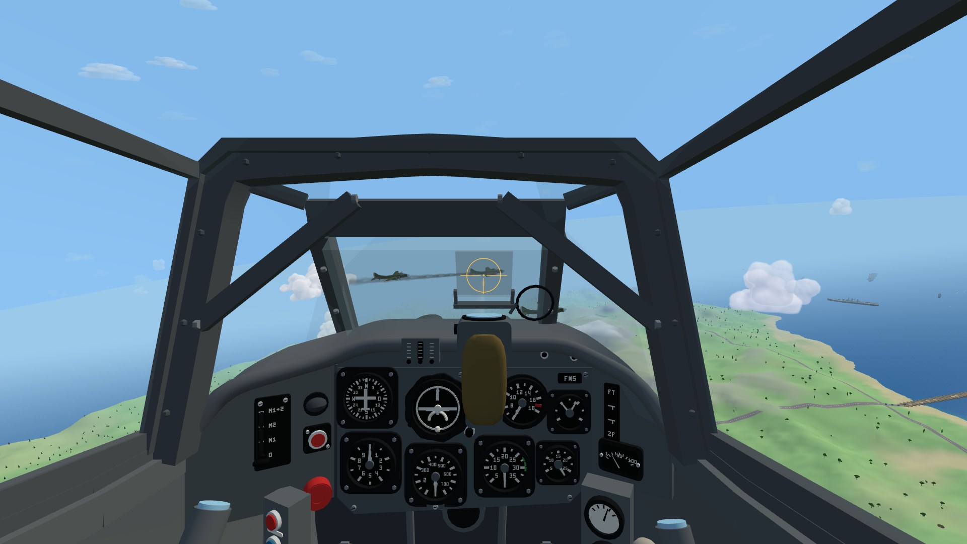The view from a Bf 109's cockpit: a heavy grey windscreen frame with knee braces in the corners, the Revi gunsight on top of a grey instrument panel with an amber ring and cross on its glass, and a smoking cobalt bomber inside the ring with two more in formation beyond