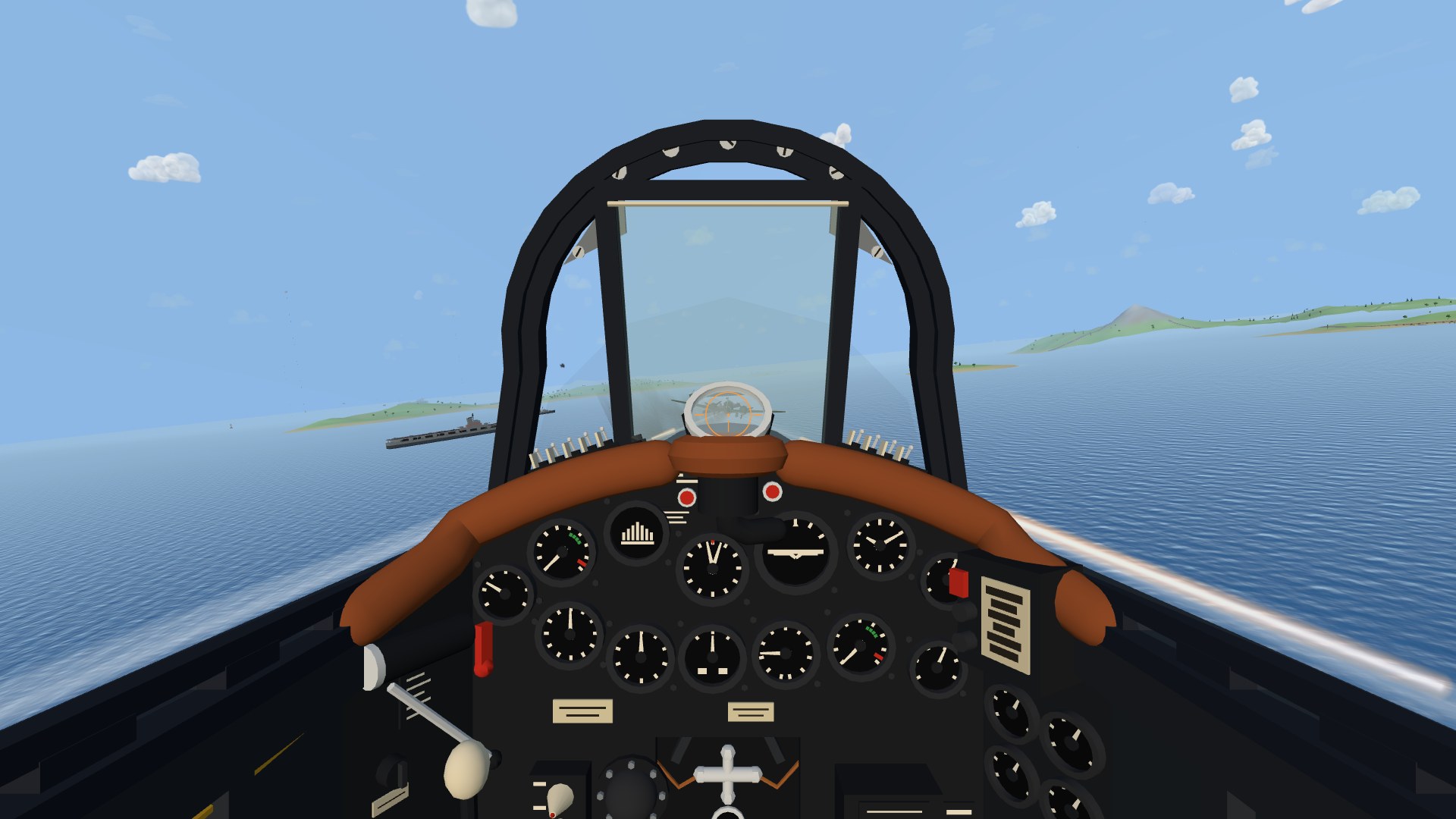 The view from a Corsair's cockpit low over a blue sea: a round black windscreen arch, a leather crash pad around the top of the instrument panel, the round Mk 8 gunsight with an orange ring and a cobalt bomber inside it, tracers streaking past on the right and a carrier on the horizon to the left