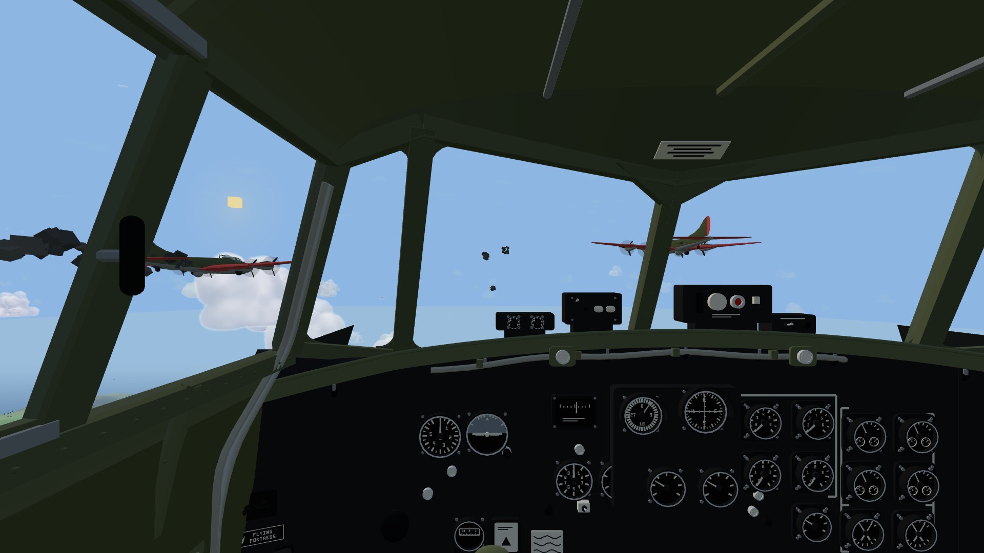 The view from a B-17's flight deck: a wide windscreen with heavy frames, a crimson-winged bomber ahead to the right, another trailing black smoke off the left side, flak bursts ahead, and the long instrument panel across the bottom