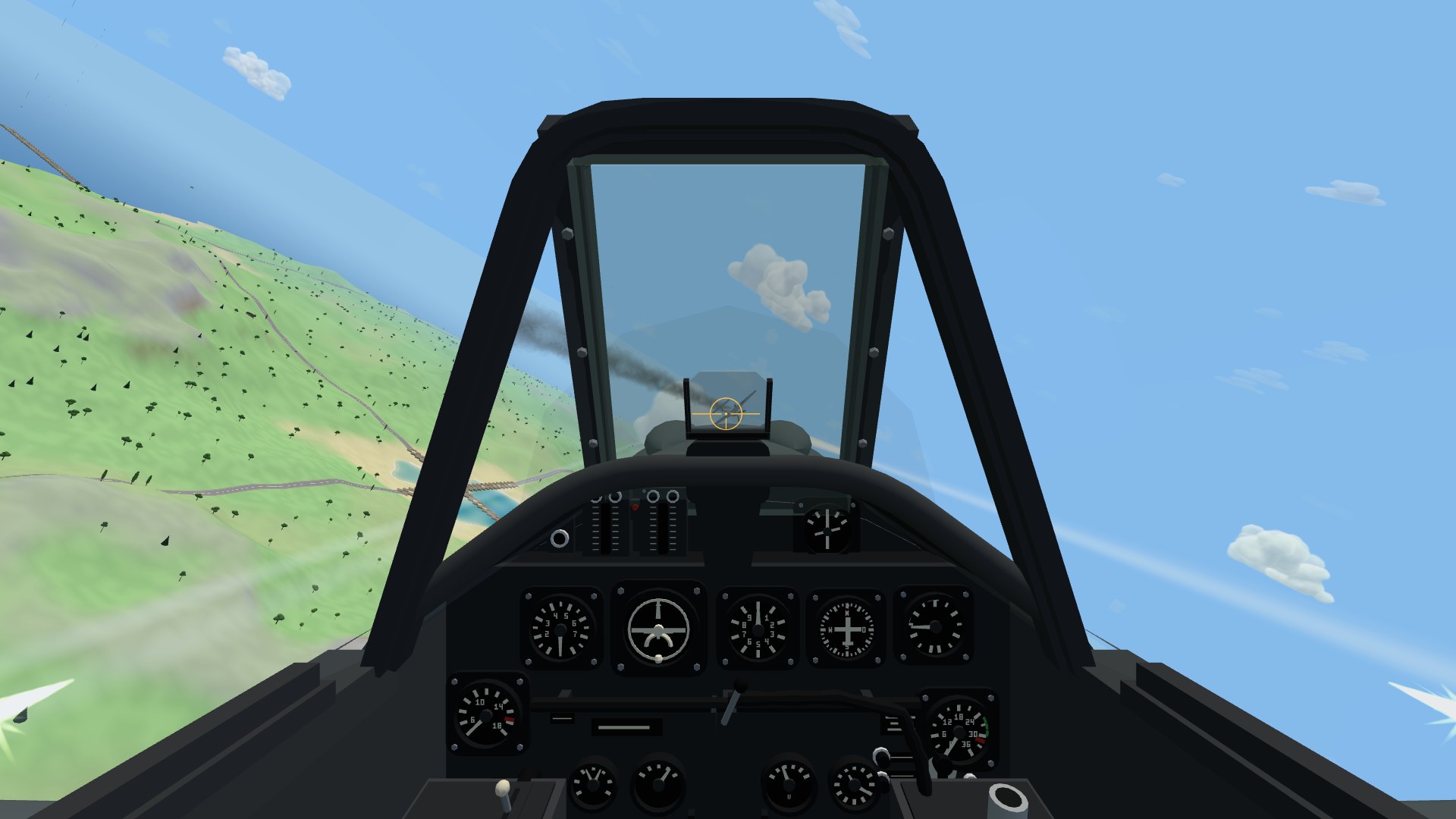 The view from an Fw 190's cockpit, banked left over green hills: a dark windscreen frame, a smoking cobalt fighter inside the small amber ring of the gunsight, and the black instrument panel below