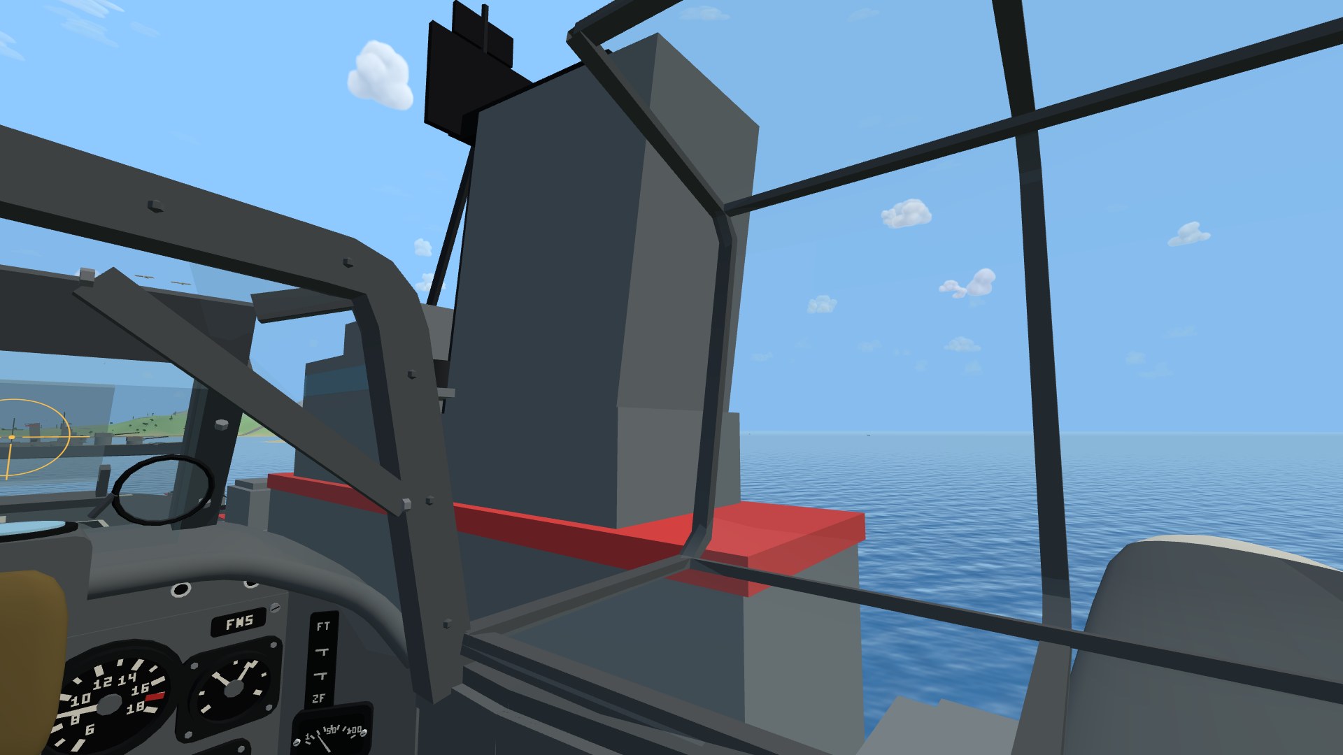 From a Bf 109's seat on a slow pass over a carrier's flight deck: the hood's framed glass swung up and over to the right on its hinge and standing open, the carrier's grey island tower with its red-edged gallery beyond it, and the Revi gunsight and instrument panel to the left