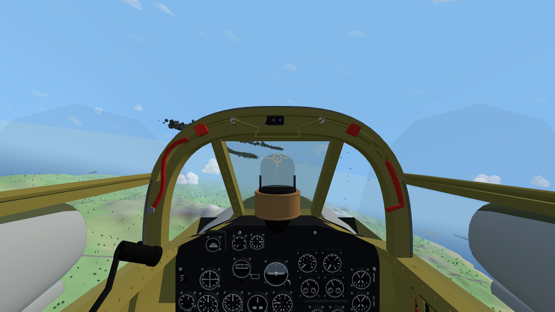 The view from a P-38 Lightning's cockpit: two engine nacelles either side of the seat, the round-topped gunsight on its tan crash pad with an amber ring, and a stream of cobalt bombers crossing the windscreen trailing smoke