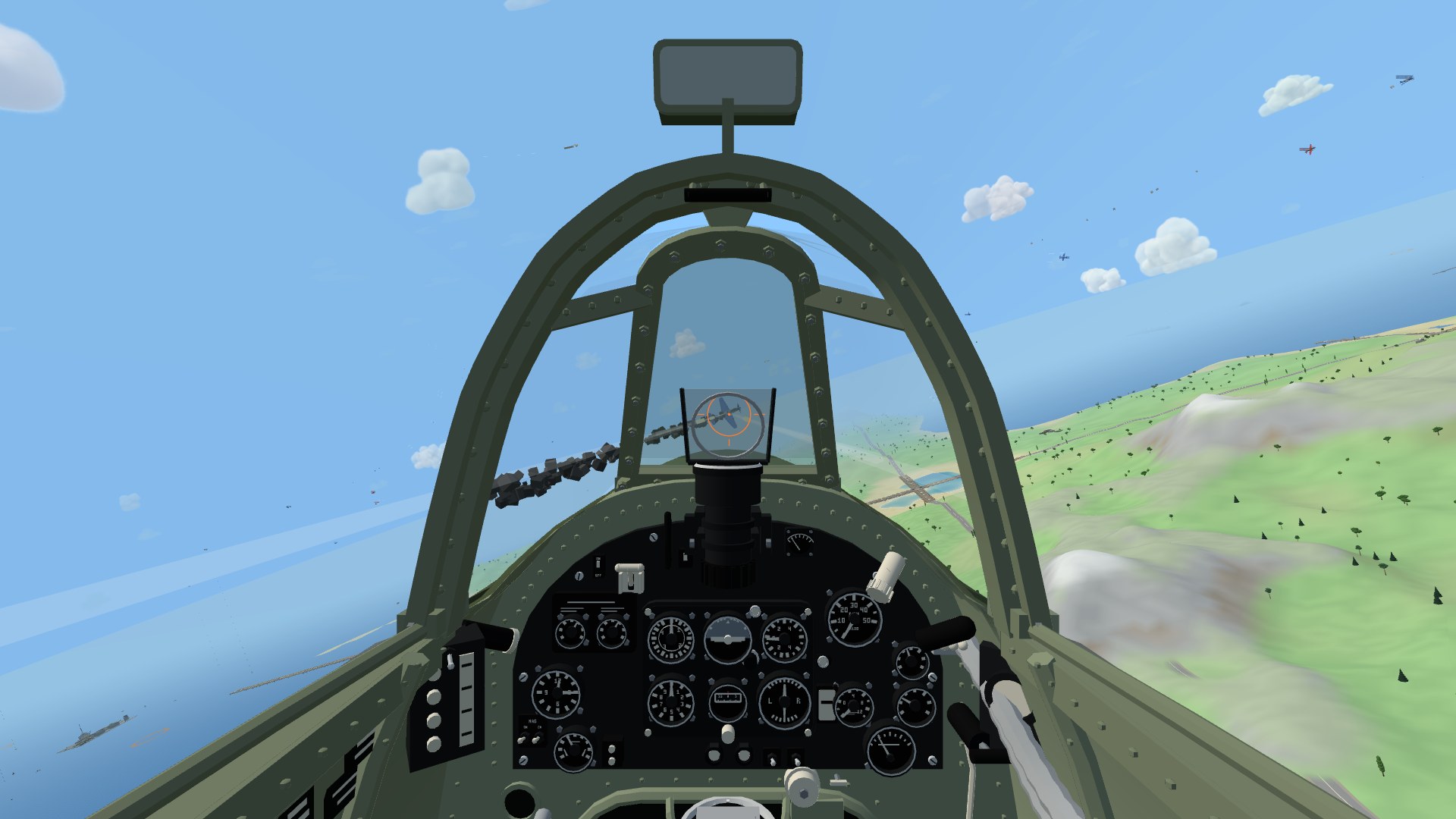 The view from a Spitfire's cockpit: the riveted windscreen arch, the black instrument panel below, and on the reflector gunsight's glass an orange ring with a cobalt fighter trailing smoke inside it, banking over the island coast