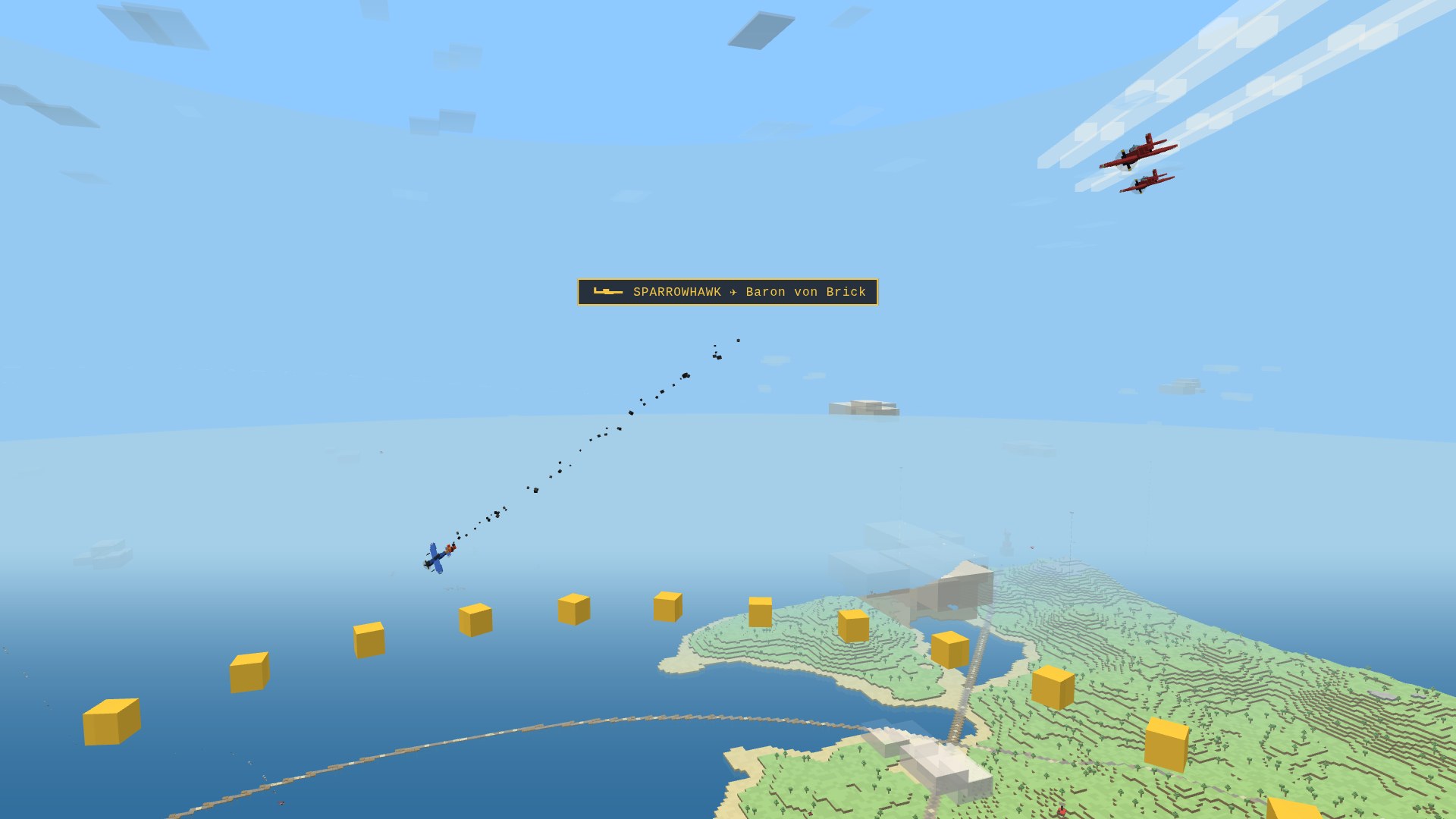 Two crimson fighters writing white contrail threads across a high blue sky while a smoking cobalt plane tumbles below a gold kill-confirm banner