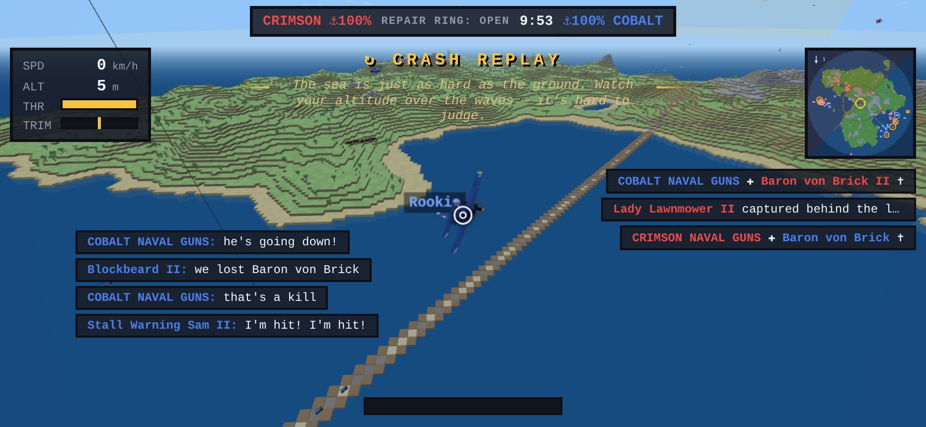 The crash replay: the player's own red plane seen from behind, low over the terrain moments from impact, with the gold CRASH REPLAY badge and a coach line across the top of the screen