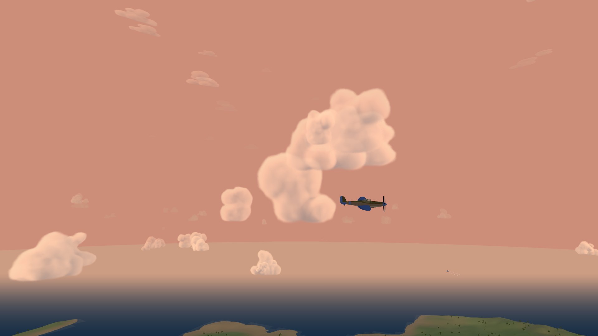 A blue fighter flying past glowing peach-coloured cumulus clouds in a salmon sunset sky, the island dark below