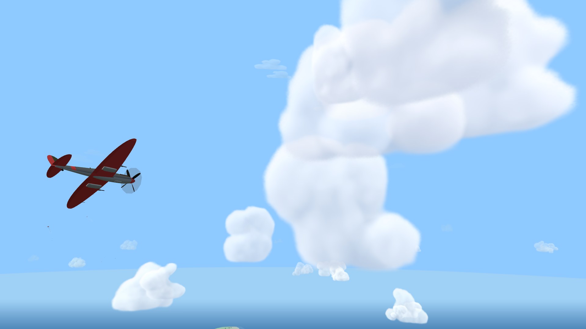 A crimson fighter banking toward a towering white cumulus cloud in a clear blue sky, smaller puffy clouds scattered below it over the sea