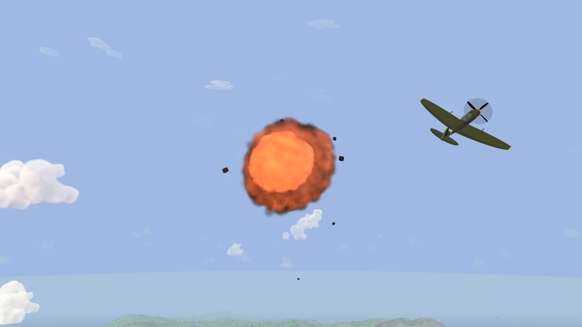 A rolling orange-red fireball against a blue sky, scraps of airframe flung clear of it, and the crimson fighter that scored the kill climbing away past it