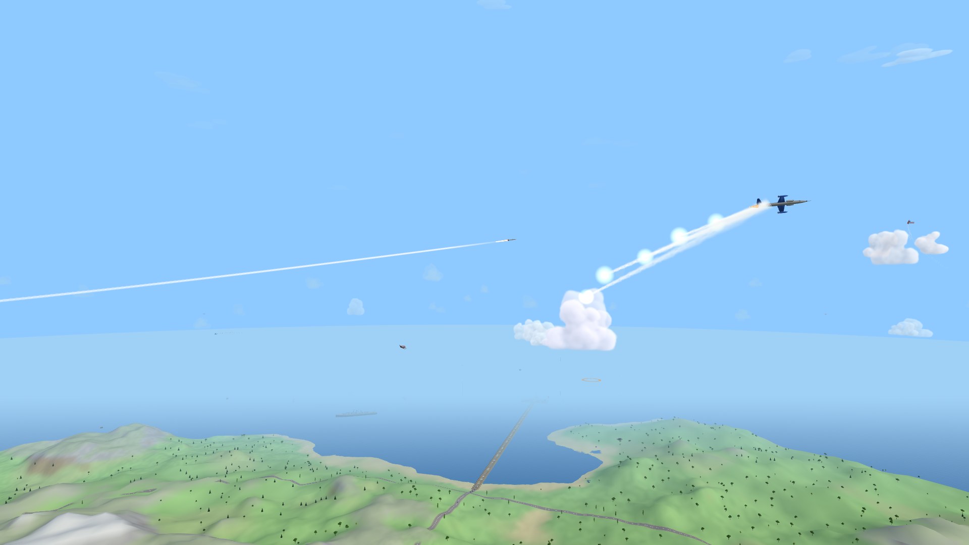 A cobalt Starfang breaking hard and punching a stick of decoy flares, each a white-hot point dragging its own thick white smoke trail, while a heat-seeker's long smoke rope reaches in from the left