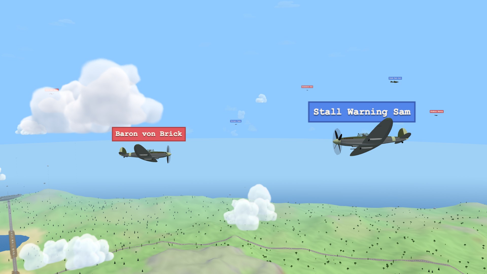 Two identical dark green Spitfires crossing in a merge, one under a red tile reading Baron von Brick and one under a blue tile reading Stall Warning Sam, with the rest of the furball strung out behind them as small red and blue tiles over distant planes