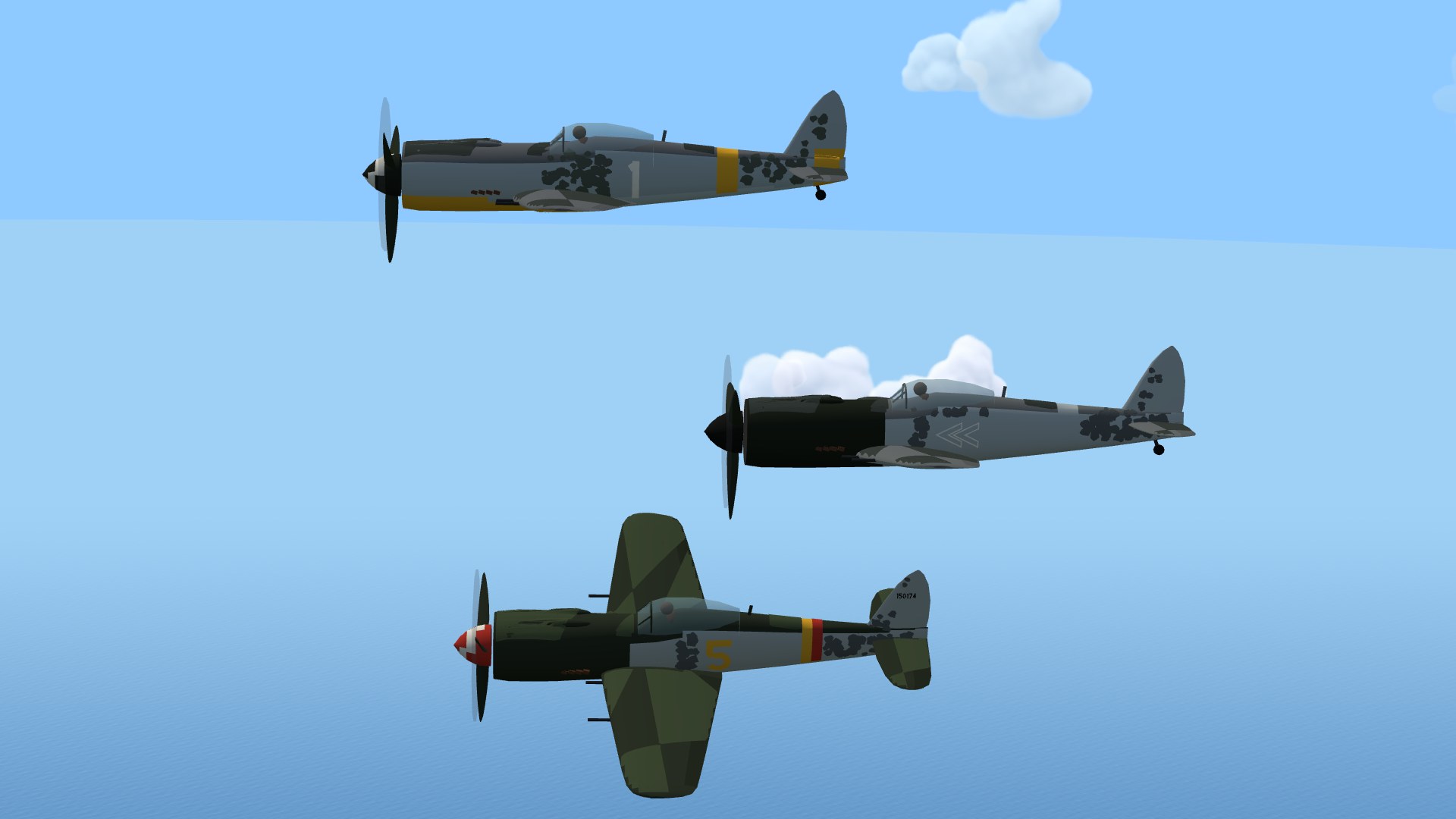 Three Fw 190s stacked like a page of profile plates: the top one grey with dark green-grey dapples down the flank, a yellow chin, a yellow band round the fuselage, a yellow tail and a big white 1; the middle one with a black-green nose back to the windscreen, a pale grey rear fuselage dappled in grey and a double chevron drawn in a white line; the bottom one black-green on top with a red spinner and a white spiral, a yellow 5 on its grey flank, a yellow and red band round the tail and a number across the fin