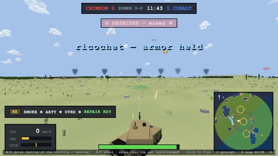 A Paladin sits angled off an enemy tank on the Brick Steppe; the HUD reads 'ricochet — armor held'