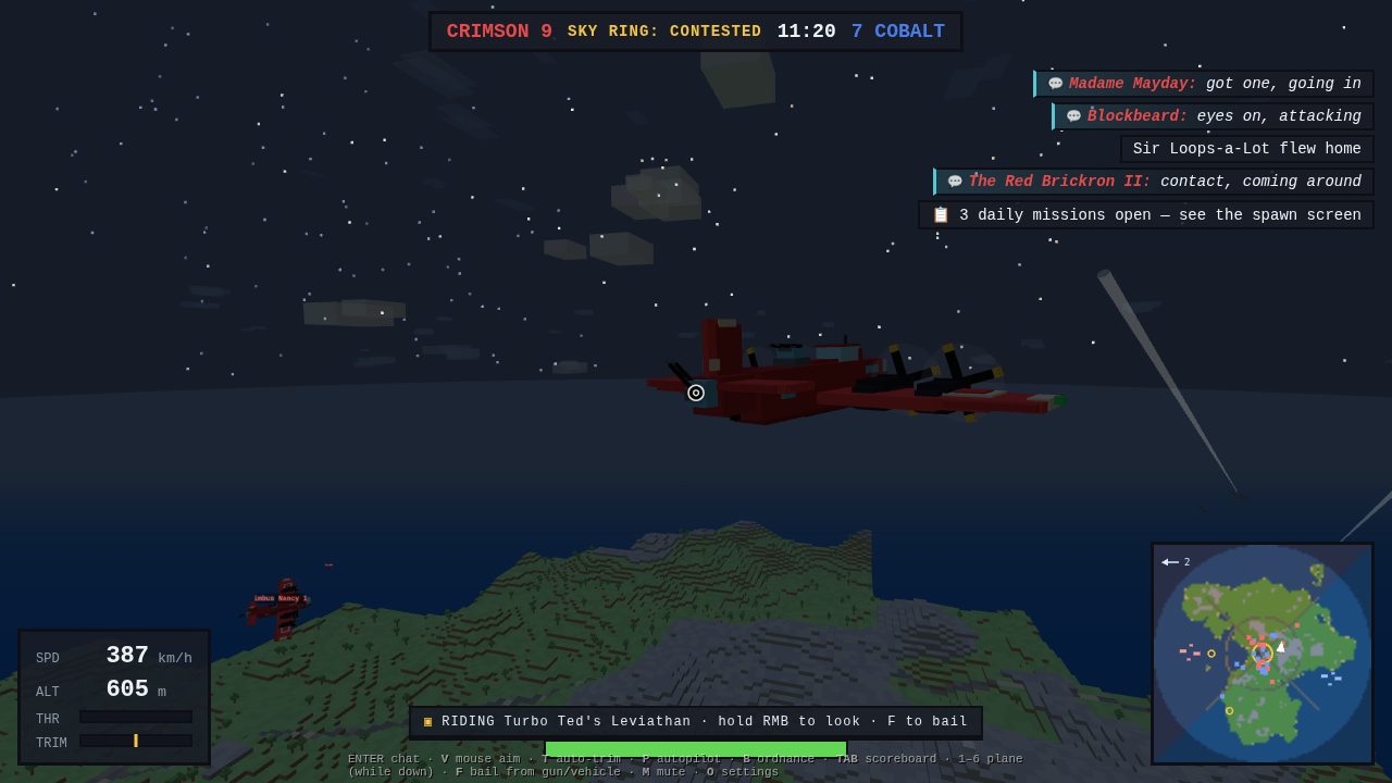 First-person from a bomber's tail-gun station: the blue Leviathan's fuselage, wings and twin tail turrets fill the right of the frame while the gunner freelooks around, the Brick Sea coastline below, a passenger chip along the bottom reading RIDING Duchess Divebomb's Leviathan — hold RMB to look — F to bail
