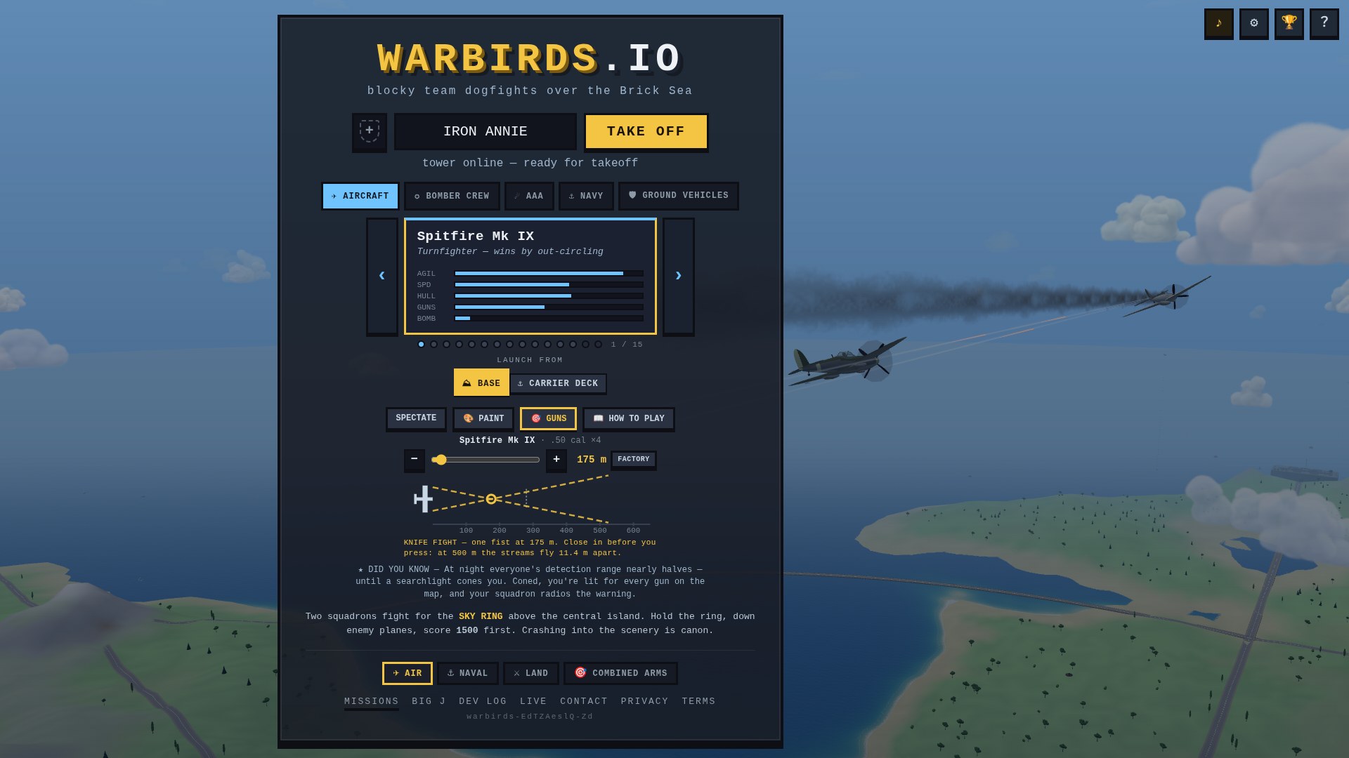The hangar card with the GUNS row open under the Spitfire Mk IX: a slider set to 175 metres, a top-down sketch of two dashed gold tracer lines crossing at a gold ring, the factory 280 metres ghosted behind, and the line KNIFE FIGHT, one fist at 175 m; beside the card a Spitfire pours tracers into a smoking Mustang close ahead