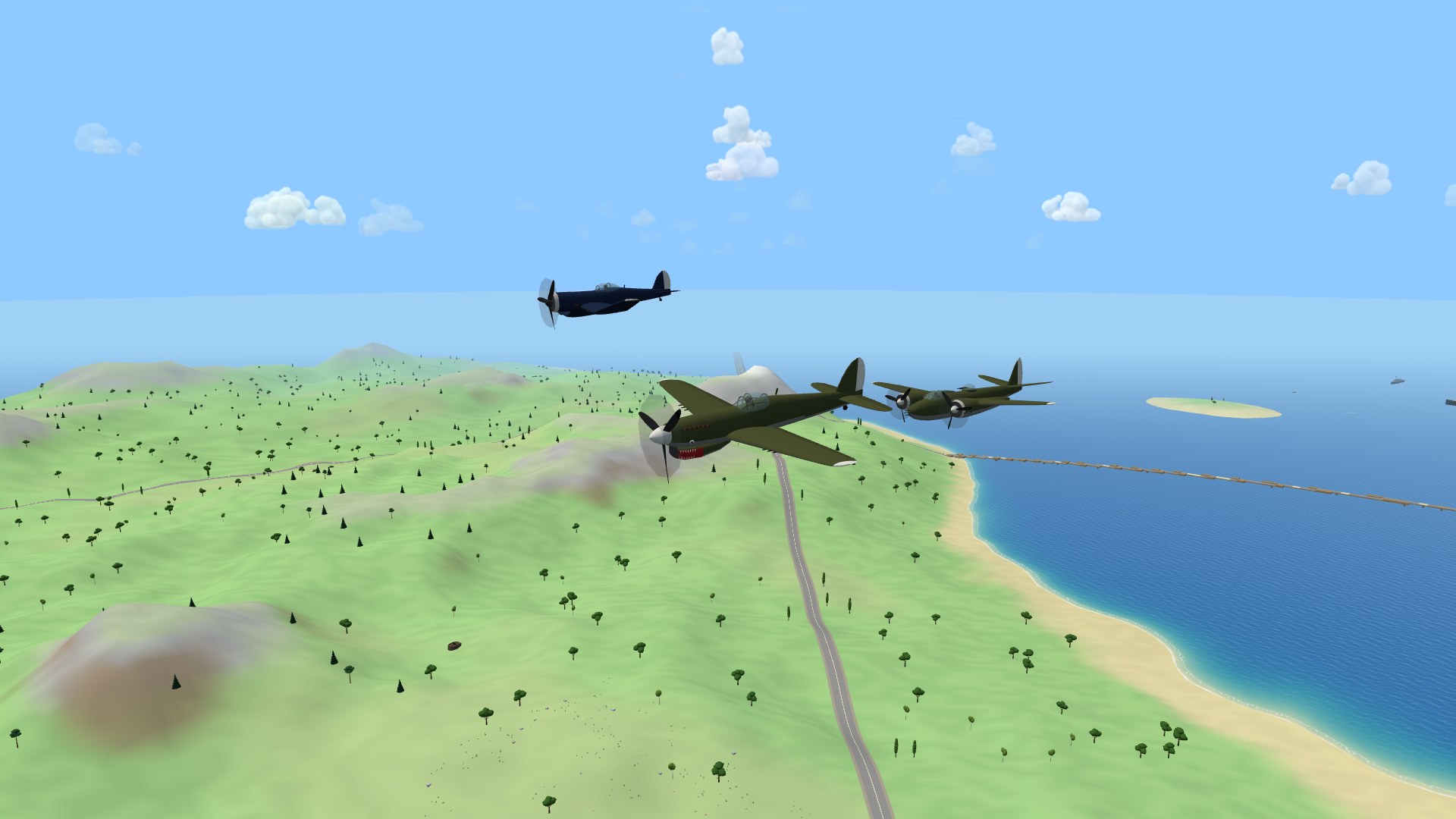 A shark-mouthed P-40N Warhawk leading a Navy-blue F4U Corsair and an olive-drab A-20 Havoc low along a sandy coastline