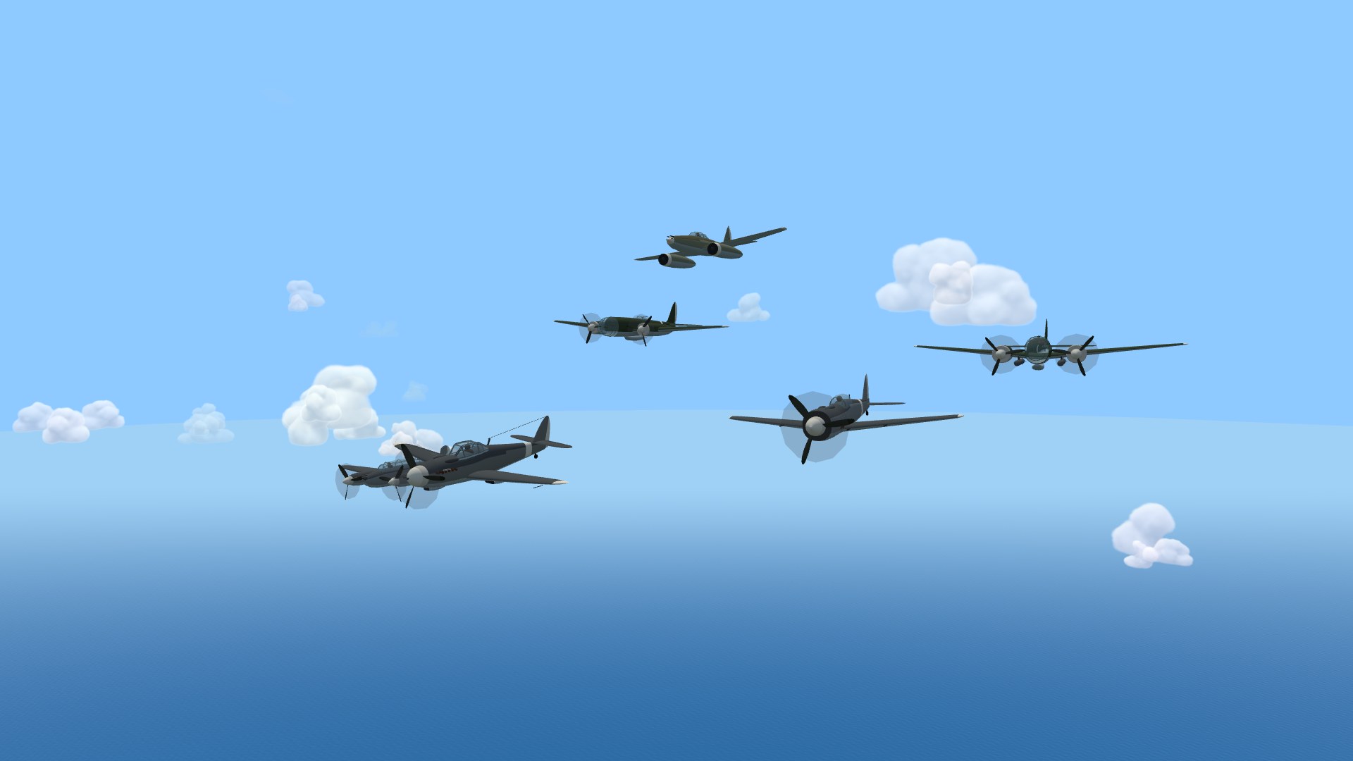 Six new warbirds flying together over the open sea: a Bf 109 and an Fw 190 up front, a twin-engine Bf 110 on their wing, a Ju 88 and a glass-nosed He 111 a length behind, and an Me 262 jet slicing past above them