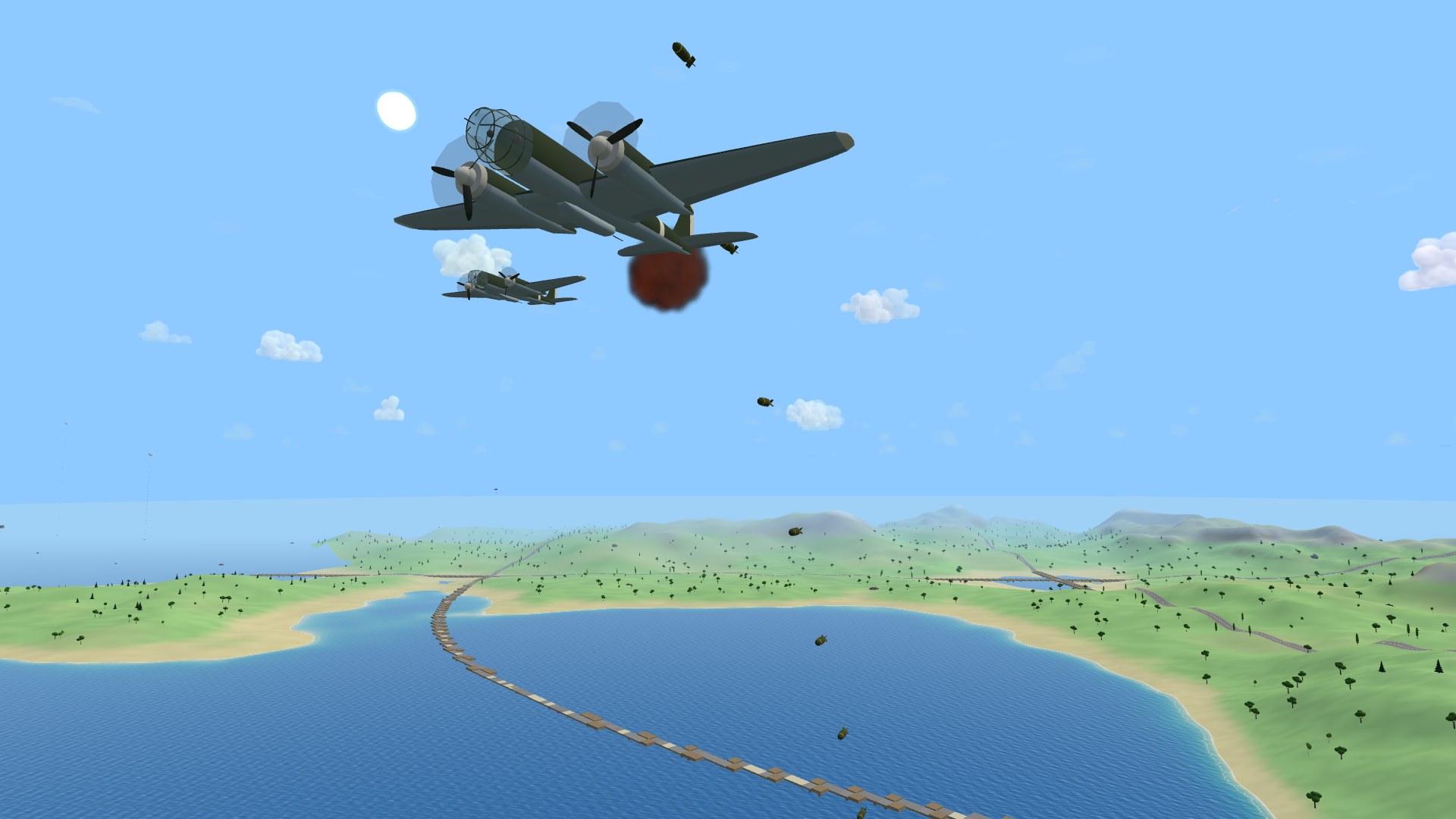 A glass-nosed He 111 seen from ahead and below with its bombs falling away, a second Heinkel behind it and black flak bursts around them over the island