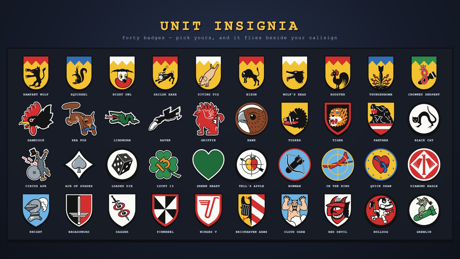 All forty unit insignia laid out in a grid on the dark hangar slab: dive-bomber shields with zig-zag chiefs carrying a rampant wolf, a squirrel, a night owl, a sailor hare, a diving pig, a bison, a wolf's head, a rooster, a thunderbomb and a crowned serpent; then a gamecock, a sea fox, a green lindworm, a raven, a red griffin, a hawk, a tusker, a tiger, a panther, a black cat and a circus ape; then the ace of spades, a loaded die, Lucky 13, the green heart, Tell's apple, a bowman, a bomber in the ring, a quick-draw heart, a diamond eagle, a knight's helm, a broadsword, a dagger, a pinwheel, a winged V, the Brickhaven arms, a cloud ogre, a red devil, a bulldog and a gremlin