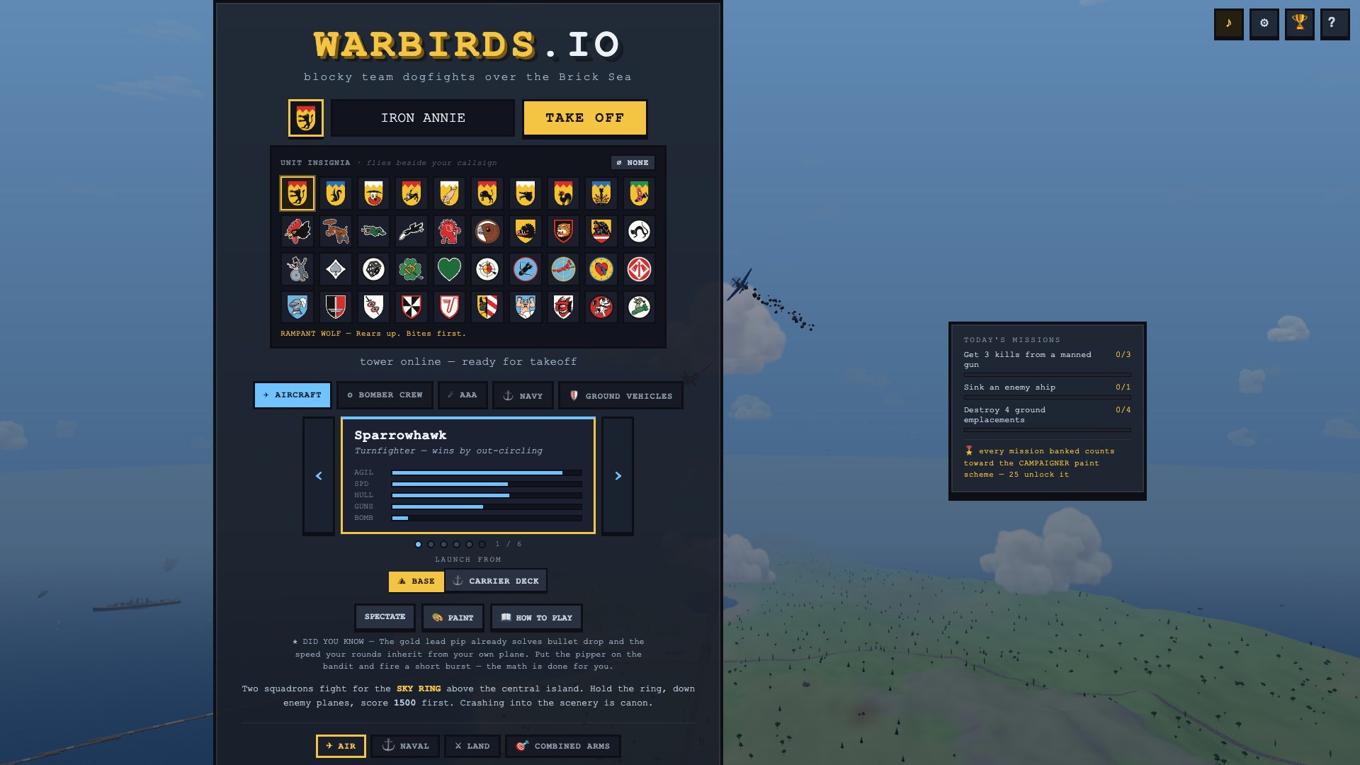 The hangar card with the callsign IRON ANNIE typed in the name box, a Rampant Wolf badge on the button beside it, and the unit insignia grid open underneath with the wolf picked in gold and its motto, Rears up. Bites first, read out under the grid