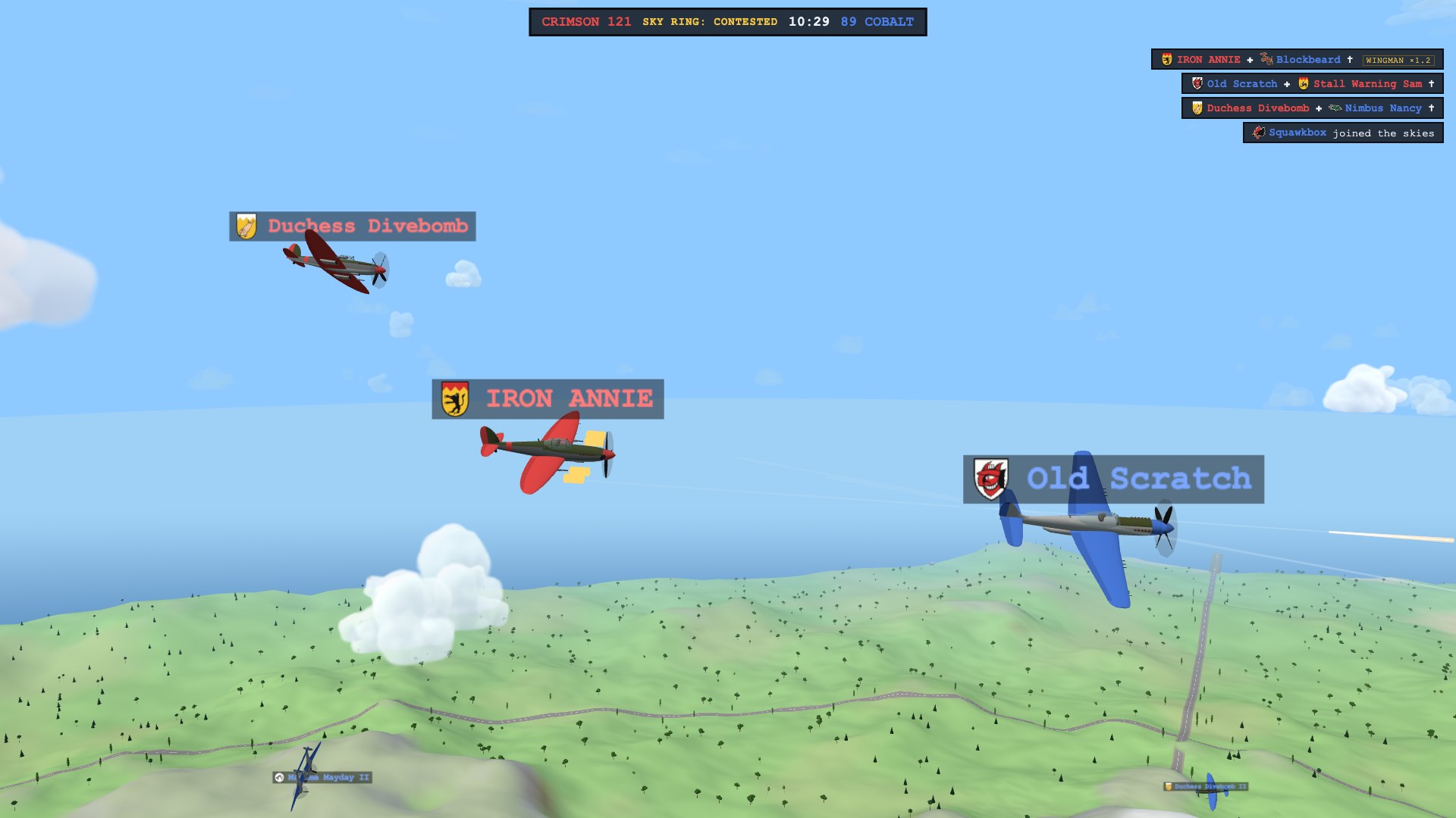 A crimson Sparrowhawk under the Rampant Wolf badge firing on a smoking cobalt Thunderhead whose nameplate reads Old Scratch beside a Red Devil badge, a crimson wingman marked with the Diving Pig higher up, and the kill feed on the right telling the fight in badges