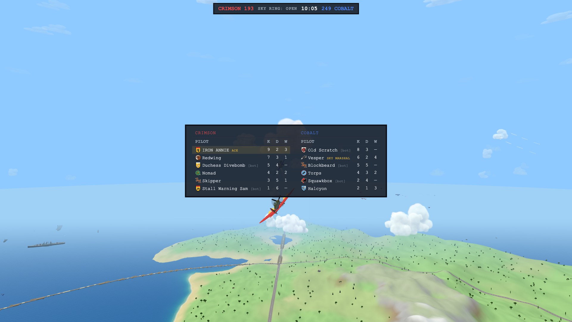The scoreboard with both squadrons' ledgers, every pilot's badge beside the callsign: IRON ANNIE's wolf at the top of Crimson, Old Scratch's red devil and Vesper's raven leading Cobalt