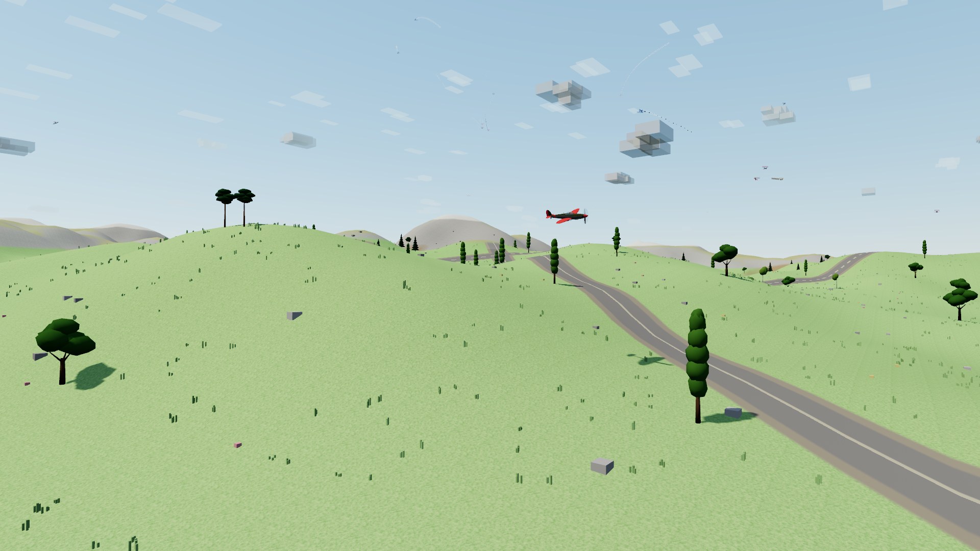 A crimson Sparrowhawk skimming the island hills above a country road lined with tall poplars, a broad oak throwing its shadow across the meadow in the foreground and two umbrella-crowned pines on the hilltop behind
