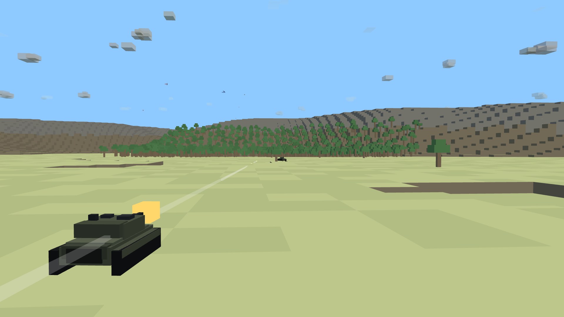 Two blocky main battle tanks duelling across a fold of open steppe, a sabot tracer streaking between them
