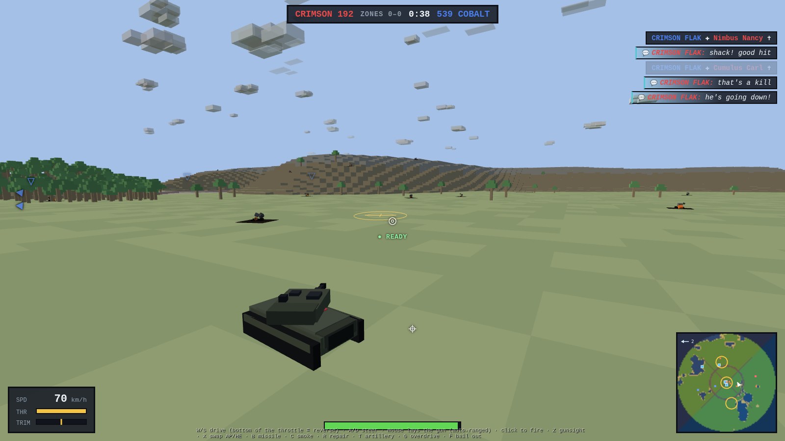 A Paladin rolling across open steppe toward a fight: contact carets over distant enemy hulls by a treeline, wrecks burning on the field, and enemy blips on the minimap