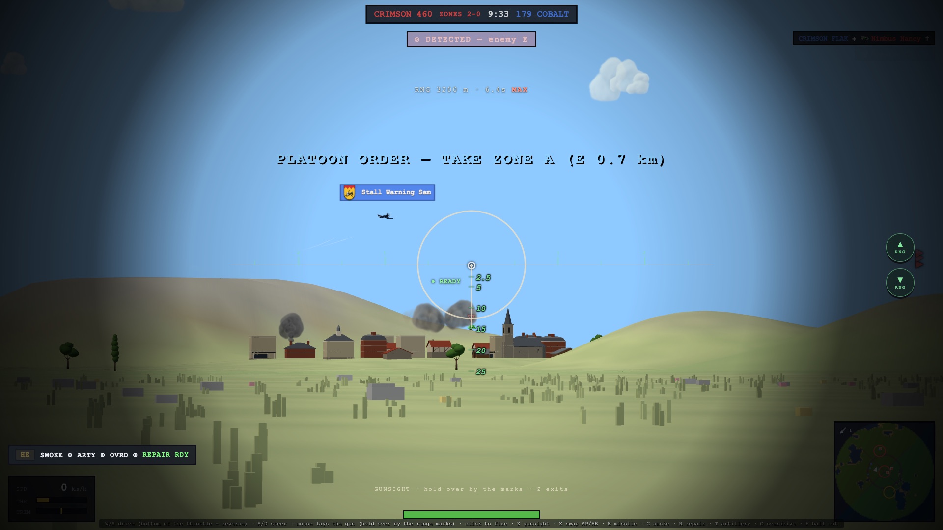 Through a MUTT's iron-ring gunsight: the crosshair held high in the sky over a brick market town, and the ladder of range marks hanging under it, labelled 2.5 to 25, with the 15 mark laid on the town