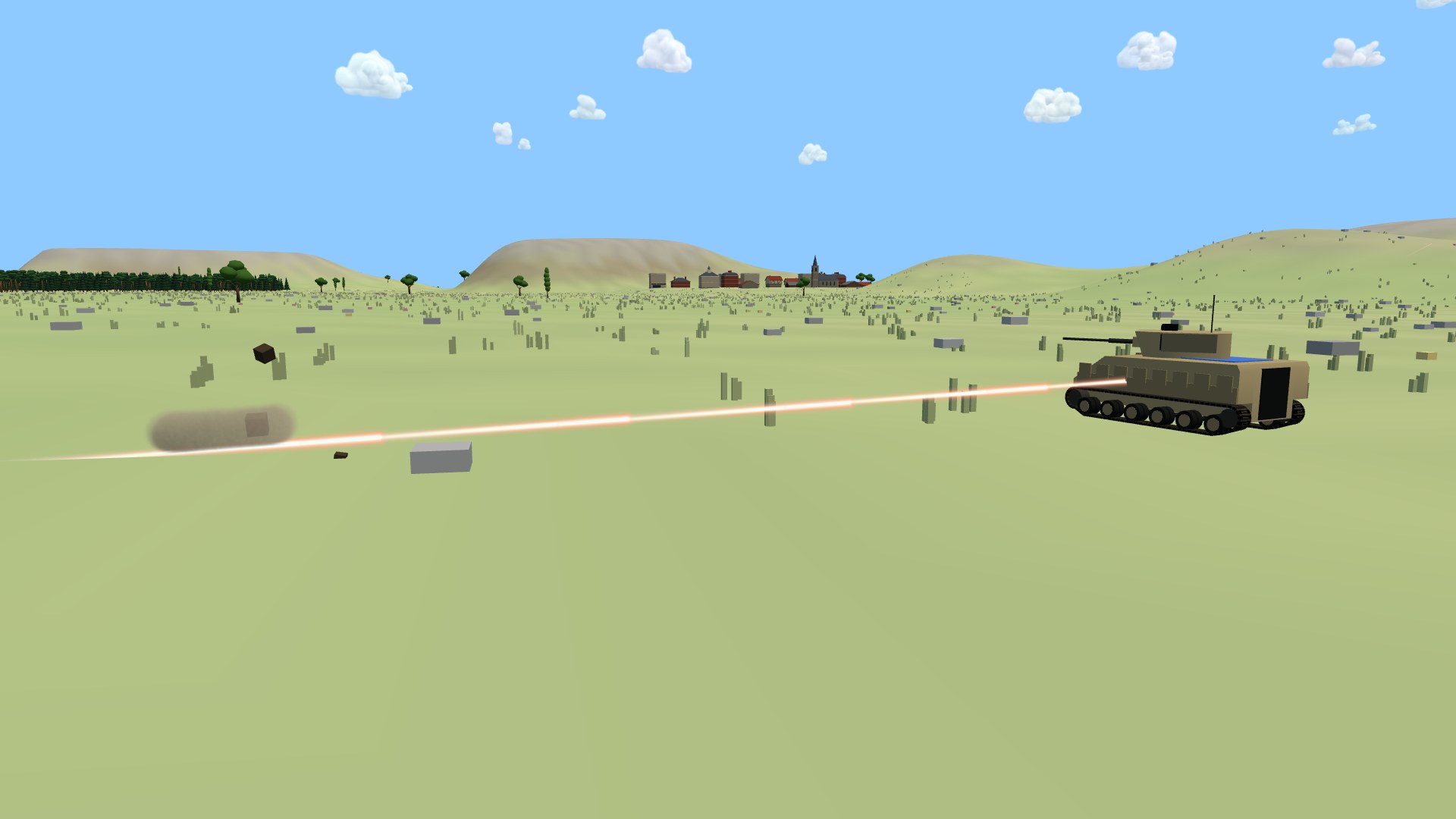 A tank round's tracer running in low over the grass, kicking up a spurt of earth where it strikes the ground, and bending up off it into the flank of a light armored vehicle beyond
