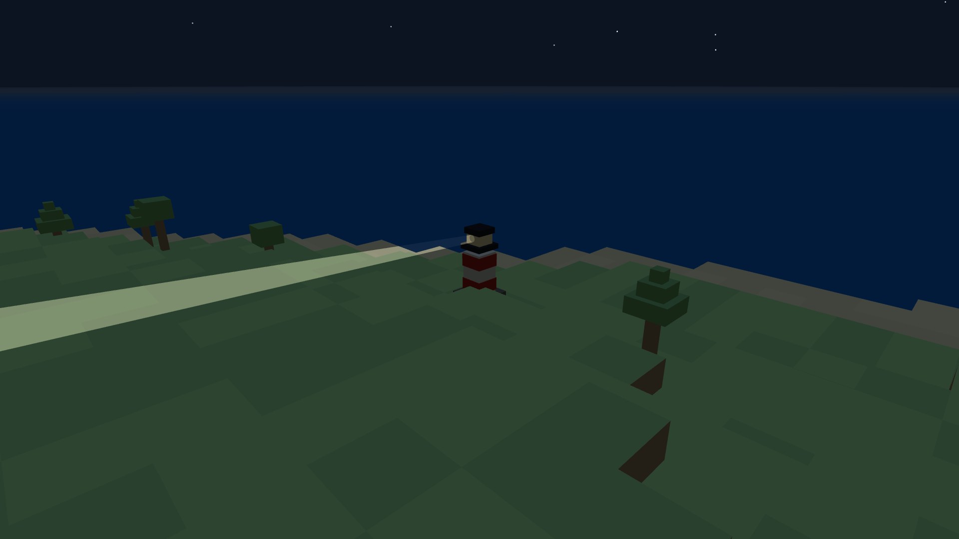 A striped red-and-white lighthouse at night sweeping a pale beam out over dark water under a field of stars