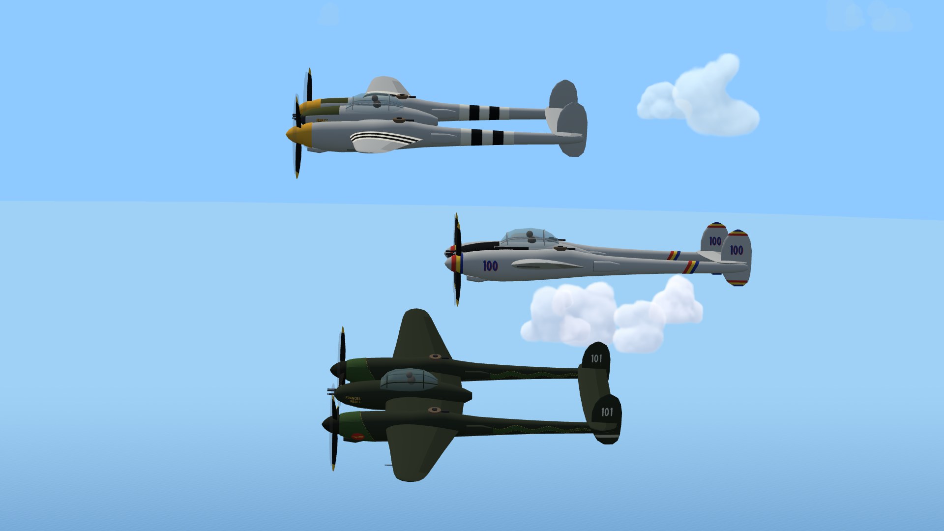 Three P-38 Lightnings stacked like a page of profile plates: the top one bare metal with yellow spinners and black-and-white invasion stripes round both booms; the middle one bare metal with red, yellow and blue spinners, blue 100s on the engines and both fins, and red, yellow and blue stripes slanting round the booms and capping the fins; the bottom one dark olive drab, banked to show green dragons with yellow dashed outlines running down both booms, green engine noses, a red disc with a yellow lightning bolt and white 101s on the fins