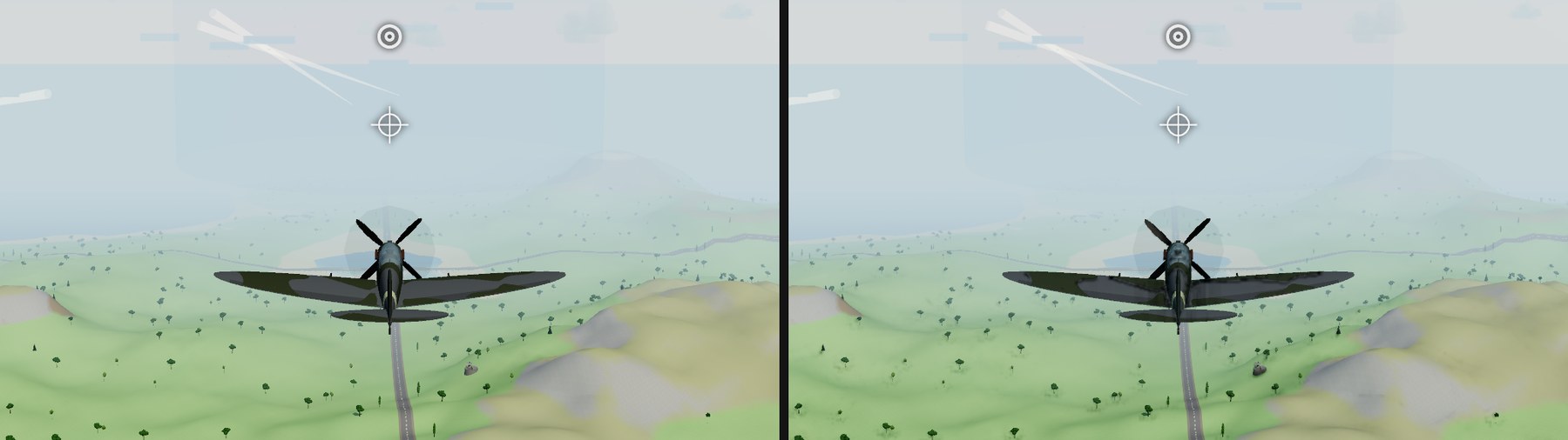 A Spitfire in chase view over green hills, twice: on the right the wing shows a soft highlight along its span, the fuselage rounds off, and the hills carry more shading