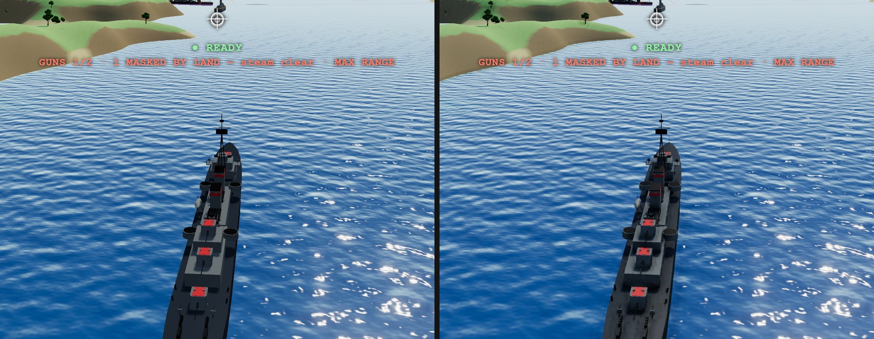 A grey Fletcher destroyer under way on a rippled blue sea, twice: on the right its gun mounts and superstructure carry shade at every step and the hull sits deeper in the water