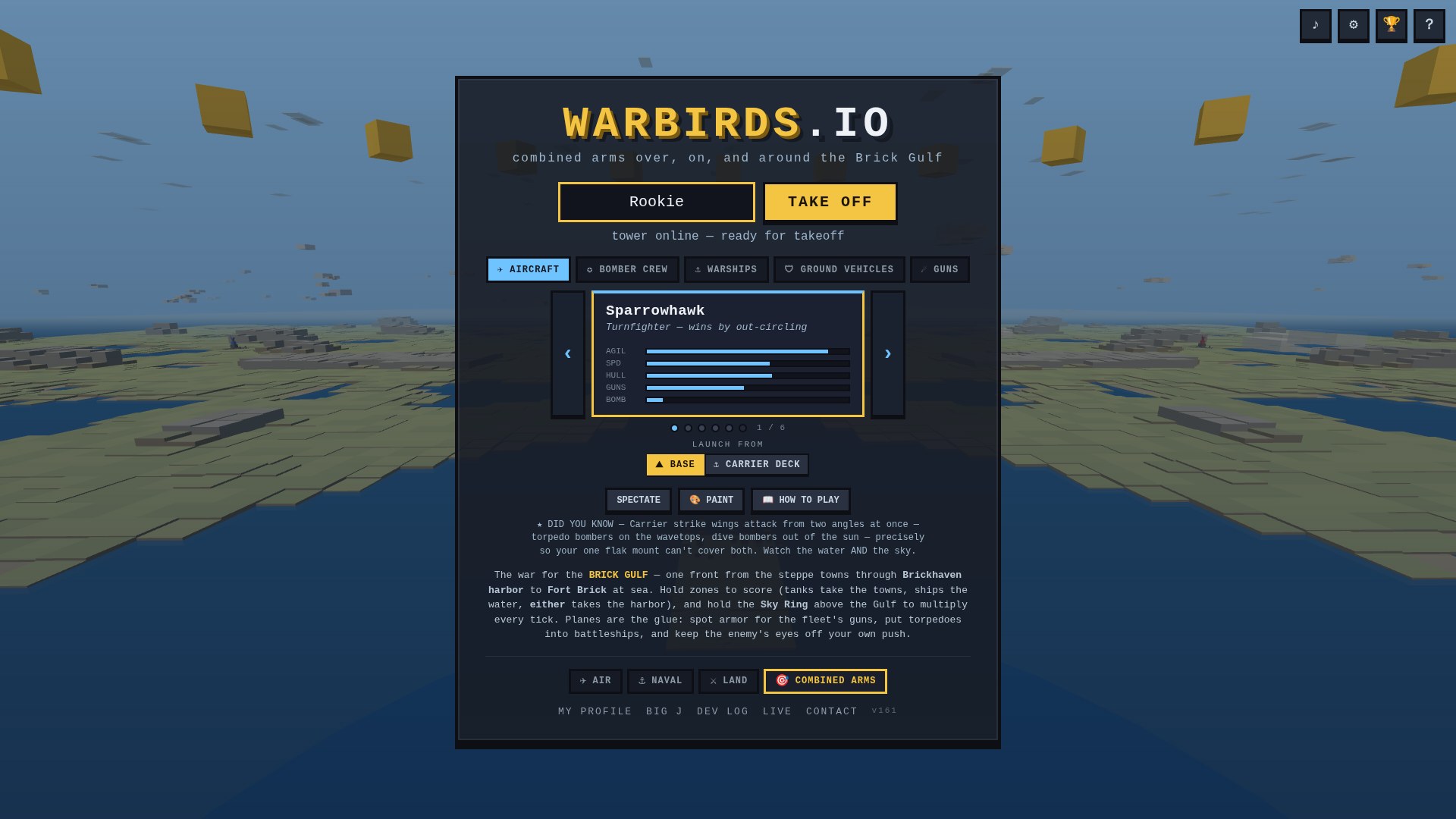 The redesigned join screen: callsign box and TAKE OFF button front and center under the masthead, five color-coded arm tabs, and a single Sparrowhawk stat card in a carousel with walk arrows and a dot rail, icon buttons in the top-right corner